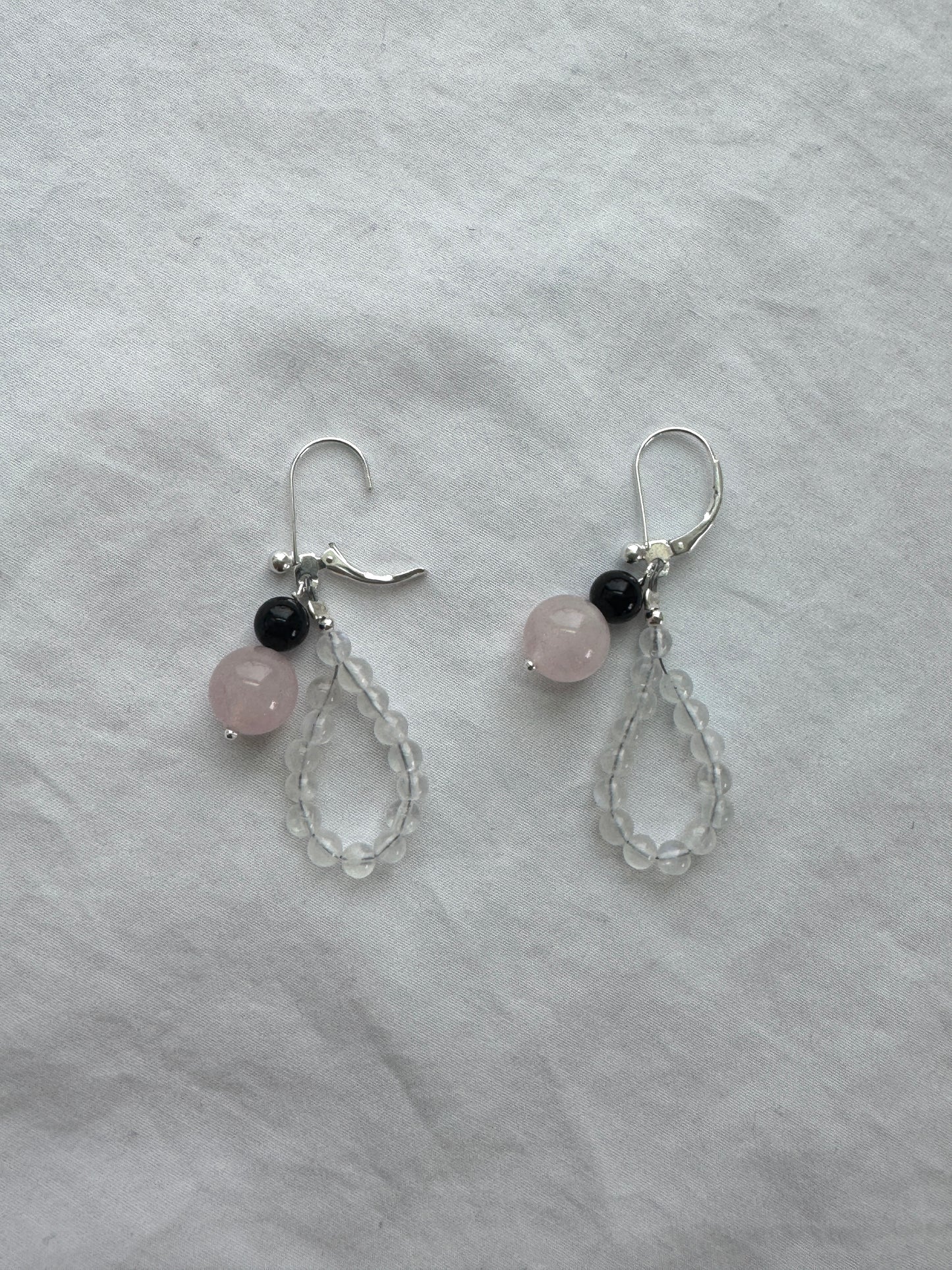 Rainbow Moonstone Loop Earrings with Rose Quartz & Spinel