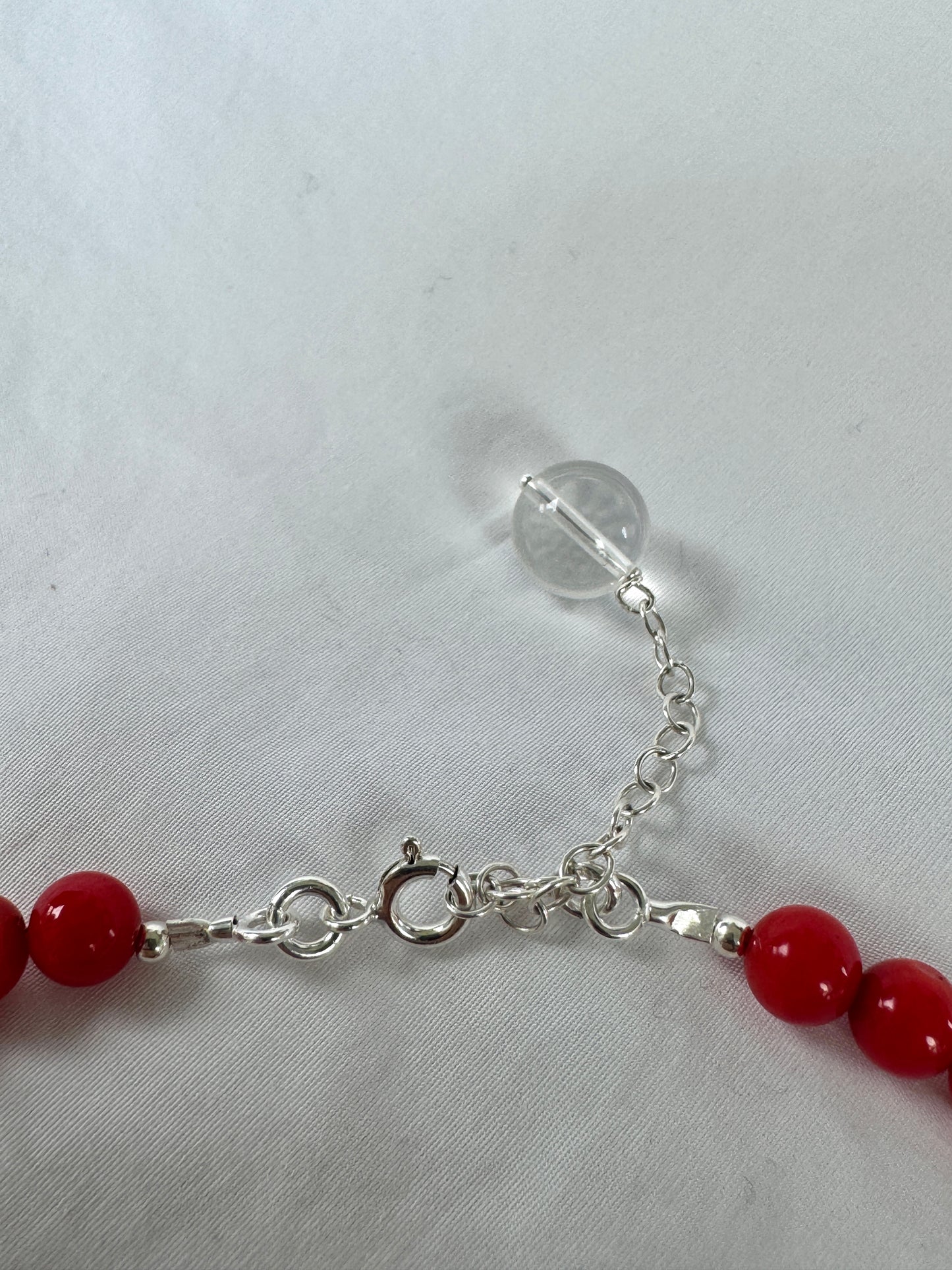 Red Coral Beaded Necklace with Flat Pearl & Clear moonstone Accent