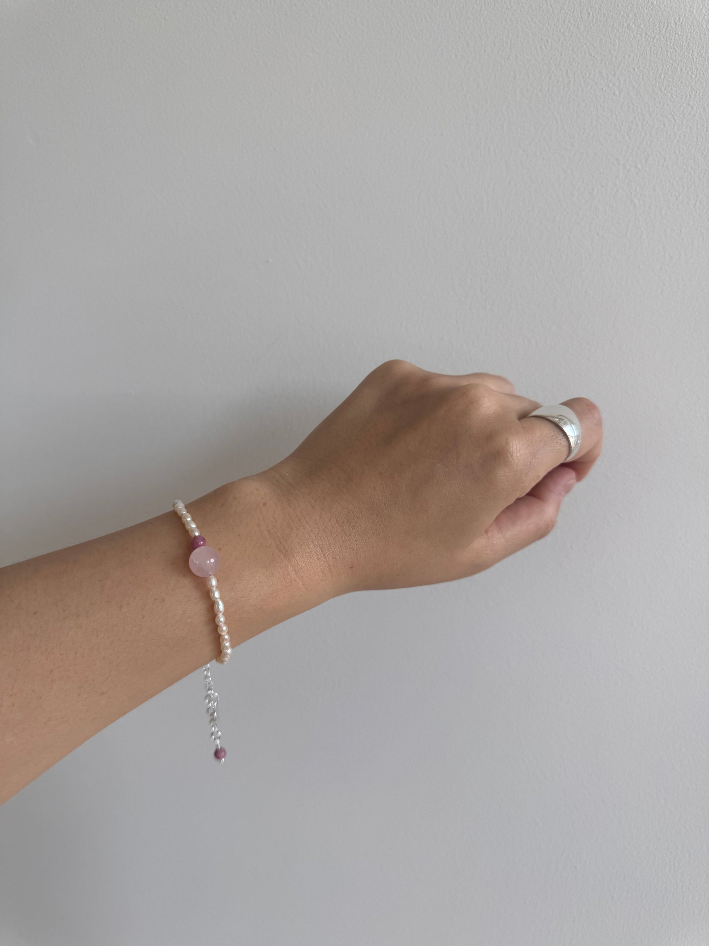 Freshwater Pearl & Rose Quartz Beaded Bracelet - Adjustable Sterling Silver