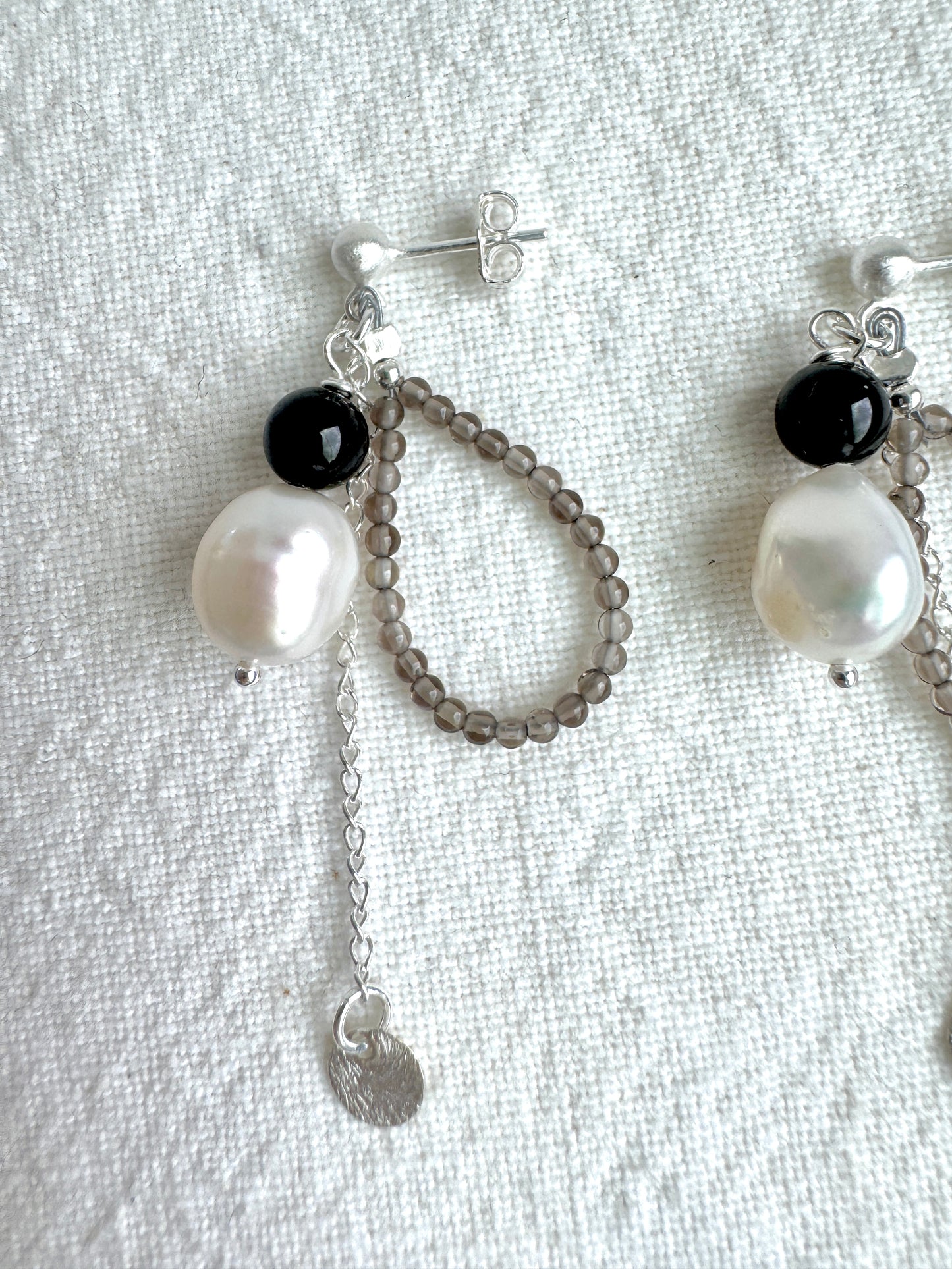 ✧ Natural Gemstone & Pearl Loop Earrings – Sterling Silver Handmade Design