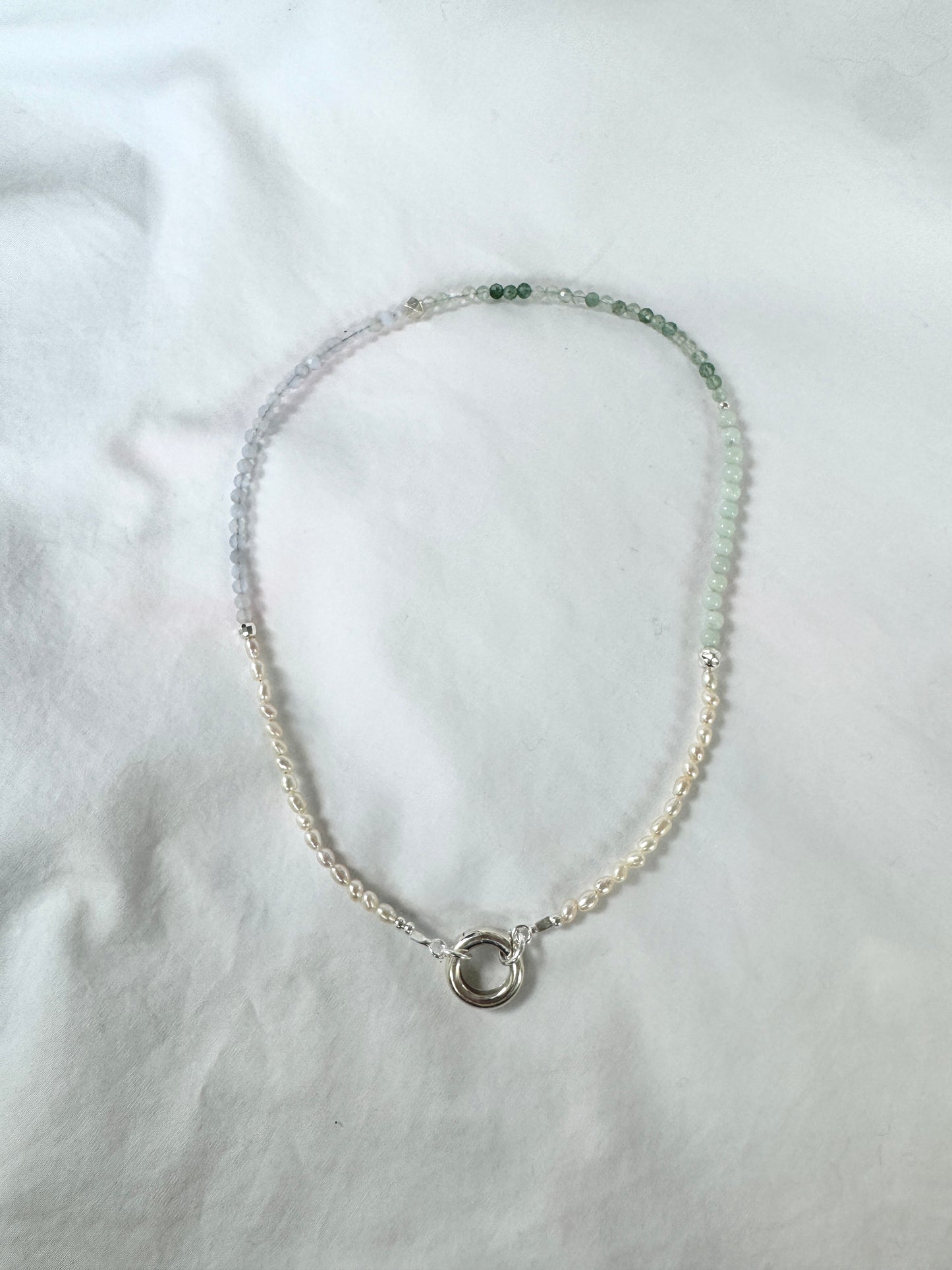 Moss Agate & Pearl Necklace with Silver Push Clasp