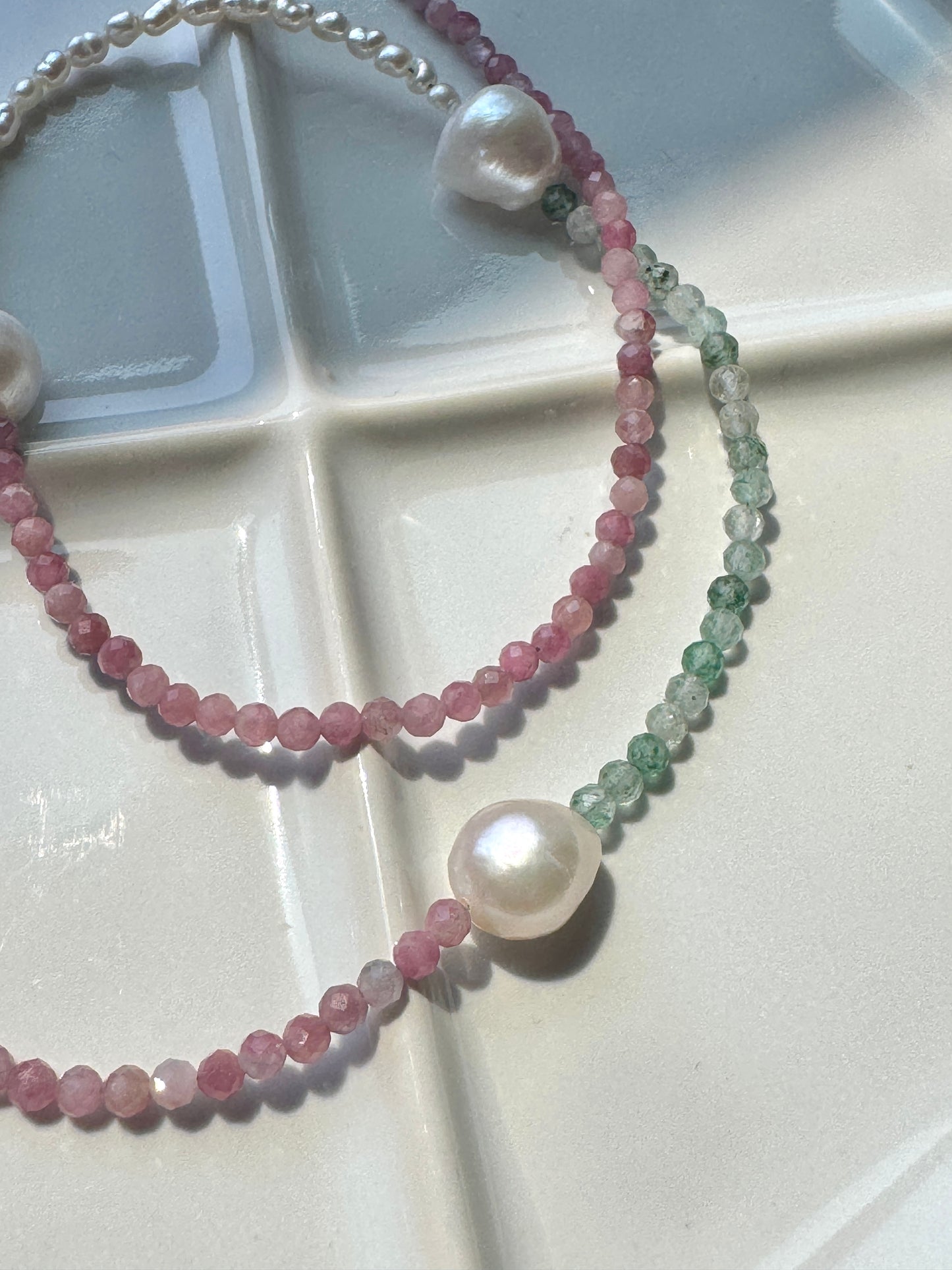 925 Sterling Silver Tourmaline & Pearl Beaded Necklace