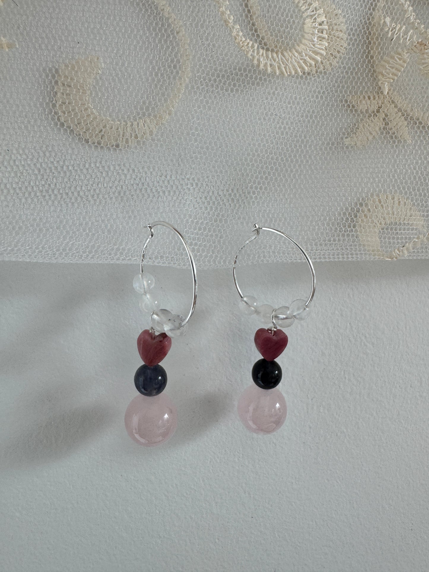 Rainbow Moonstone, Rose Quartz & Rhodonite Heart Hoop Earrings