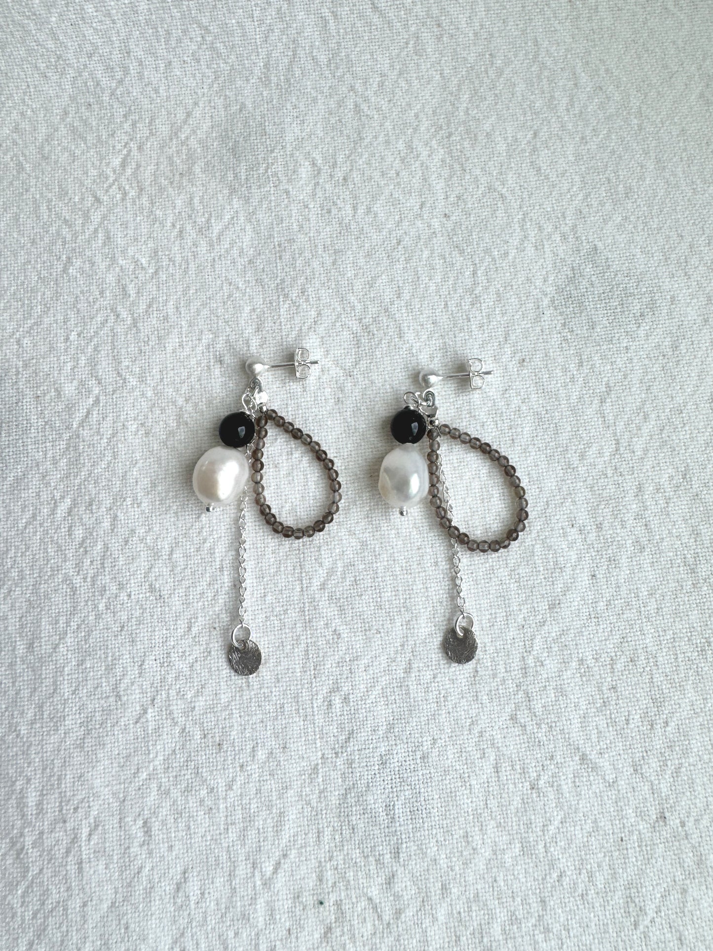✧ Natural Gemstone & Pearl Loop Earrings – Sterling Silver Handmade Design
