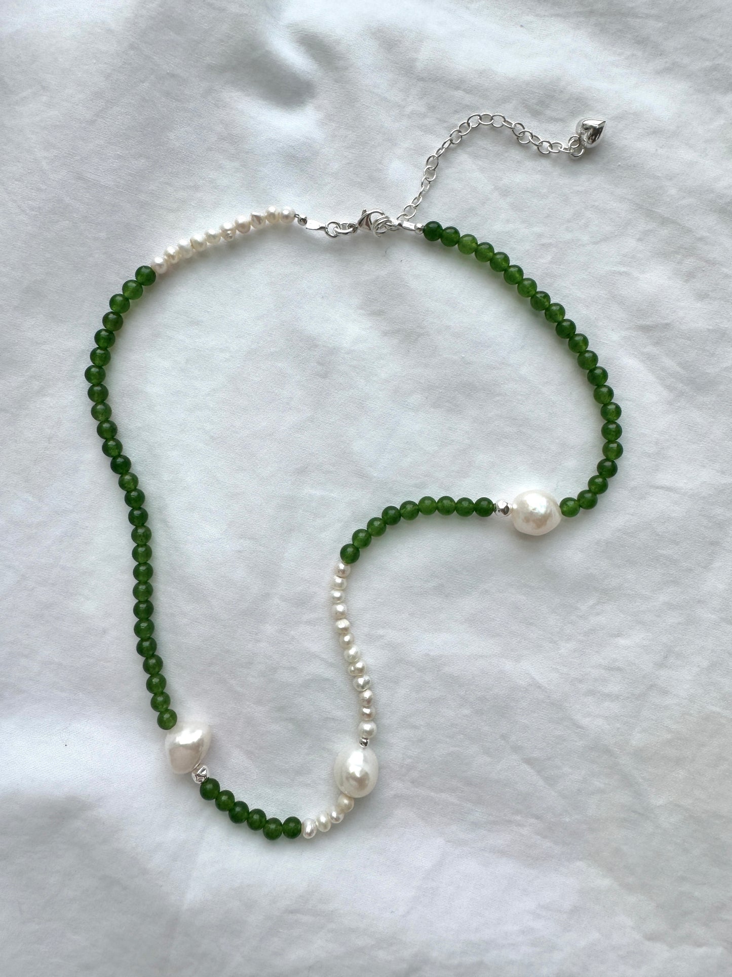 Green Jade & Freshwater Pearl Silver Necklace