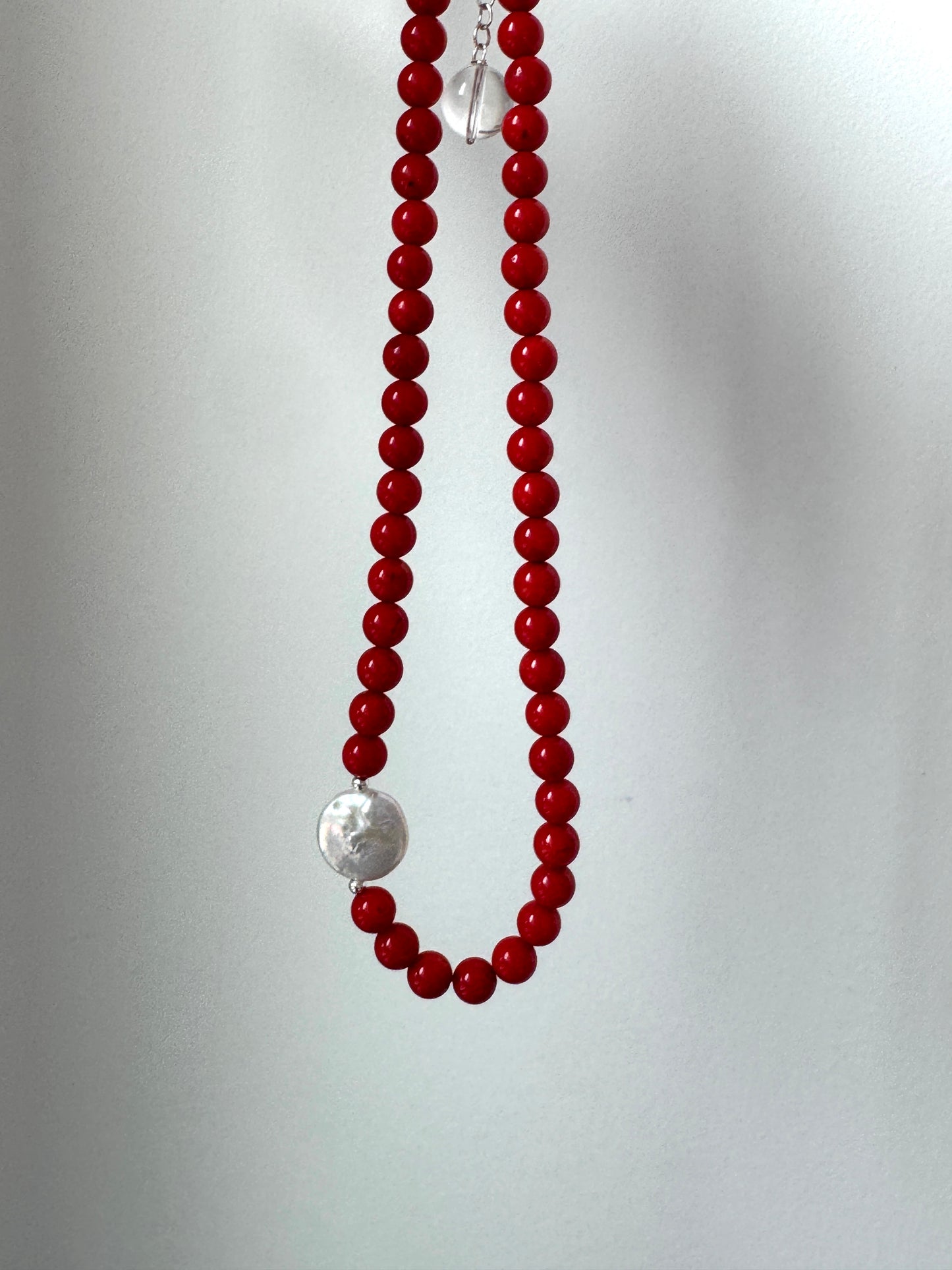 Red Coral Beaded Necklace with Flat Pearl & Clear moonstone Accent