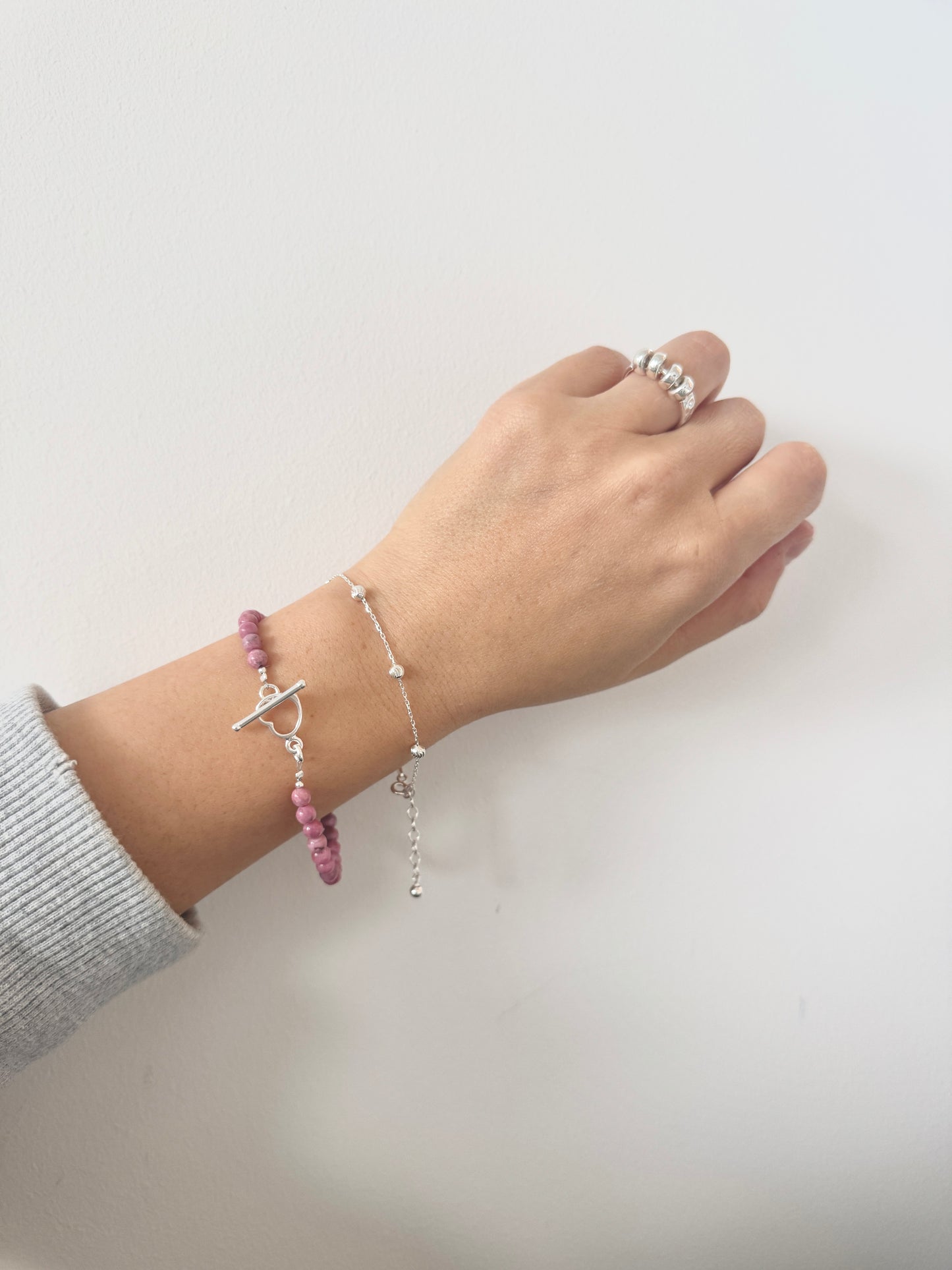 Pink Sea Bamboo & Silver Heart Bracelet