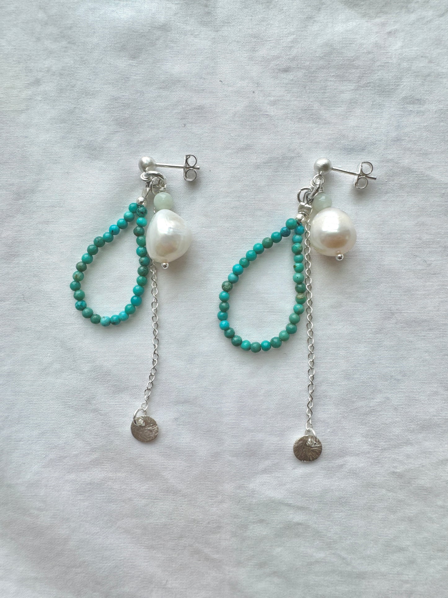 Turquoise & Pearl Silver Earrings - Amazonite Accent - Handmade Dangle Drops