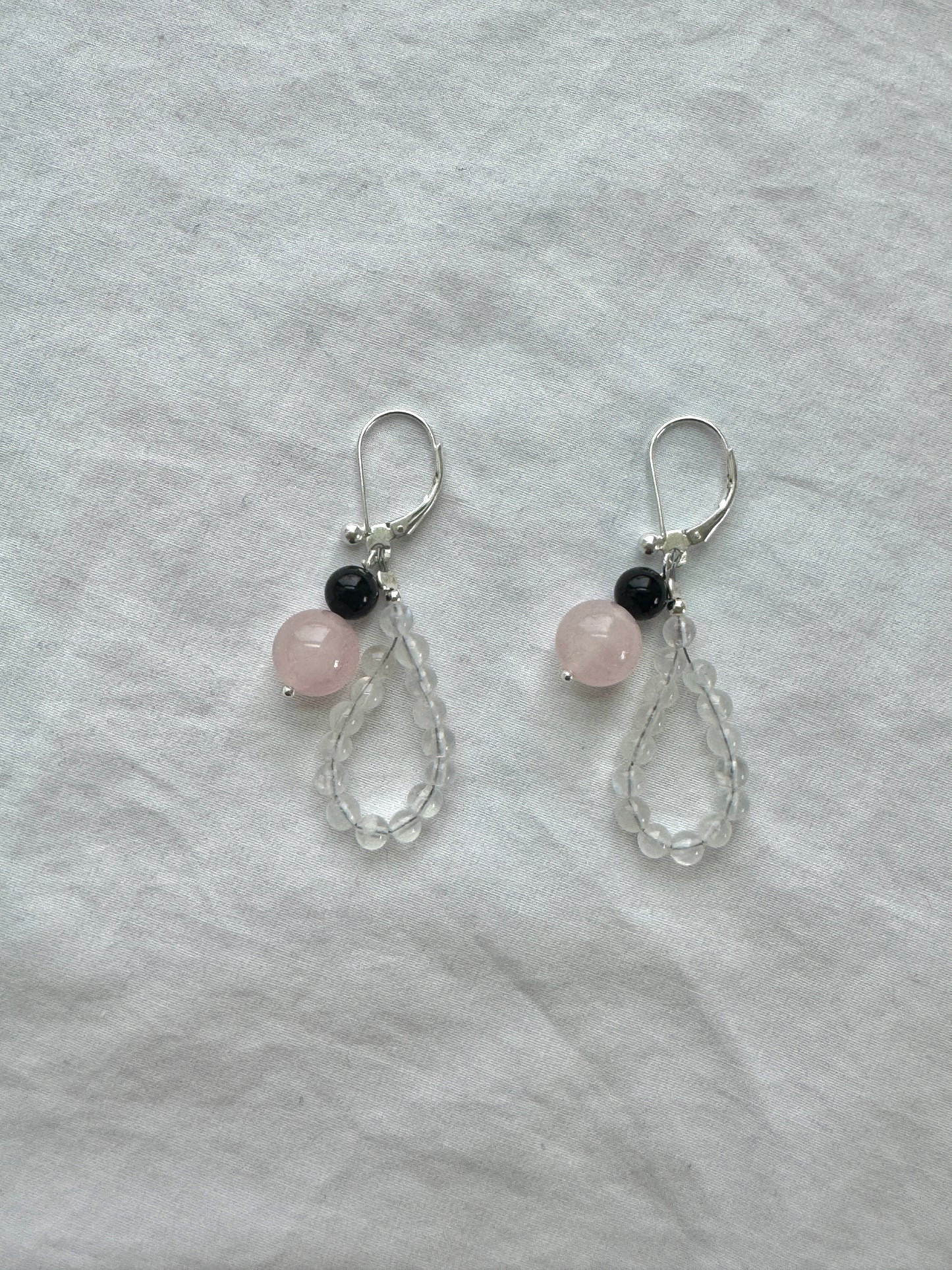 Rainbow Moonstone Loop Earrings with Rose Quartz & Spinel