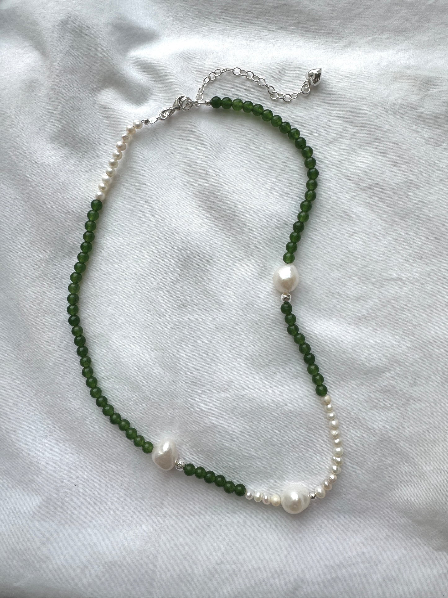 Green Jade & Freshwater Pearl Silver Necklace