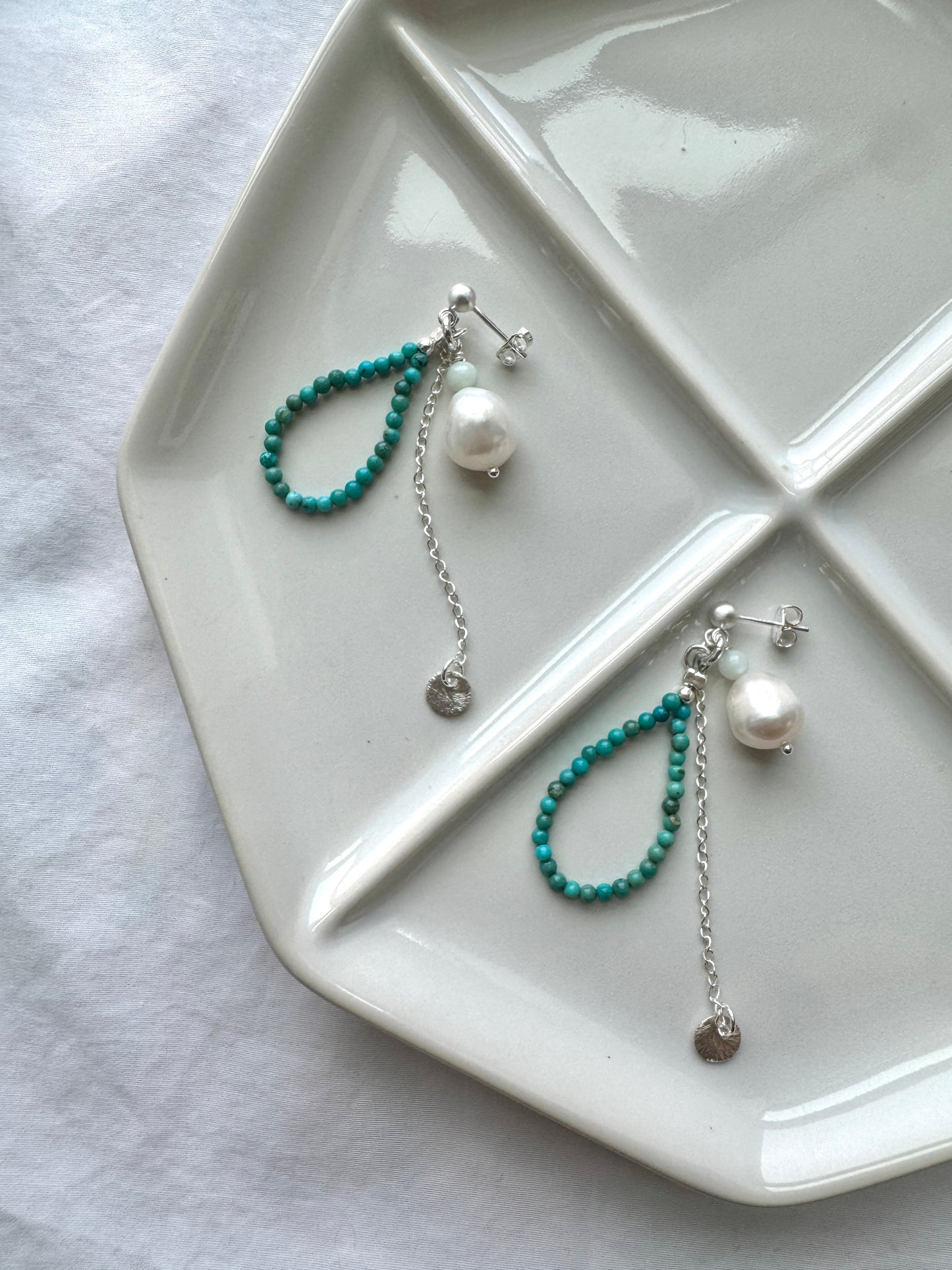 Turquoise & Pearl Silver Earrings - Amazonite Accent - Handmade Dangle Drops