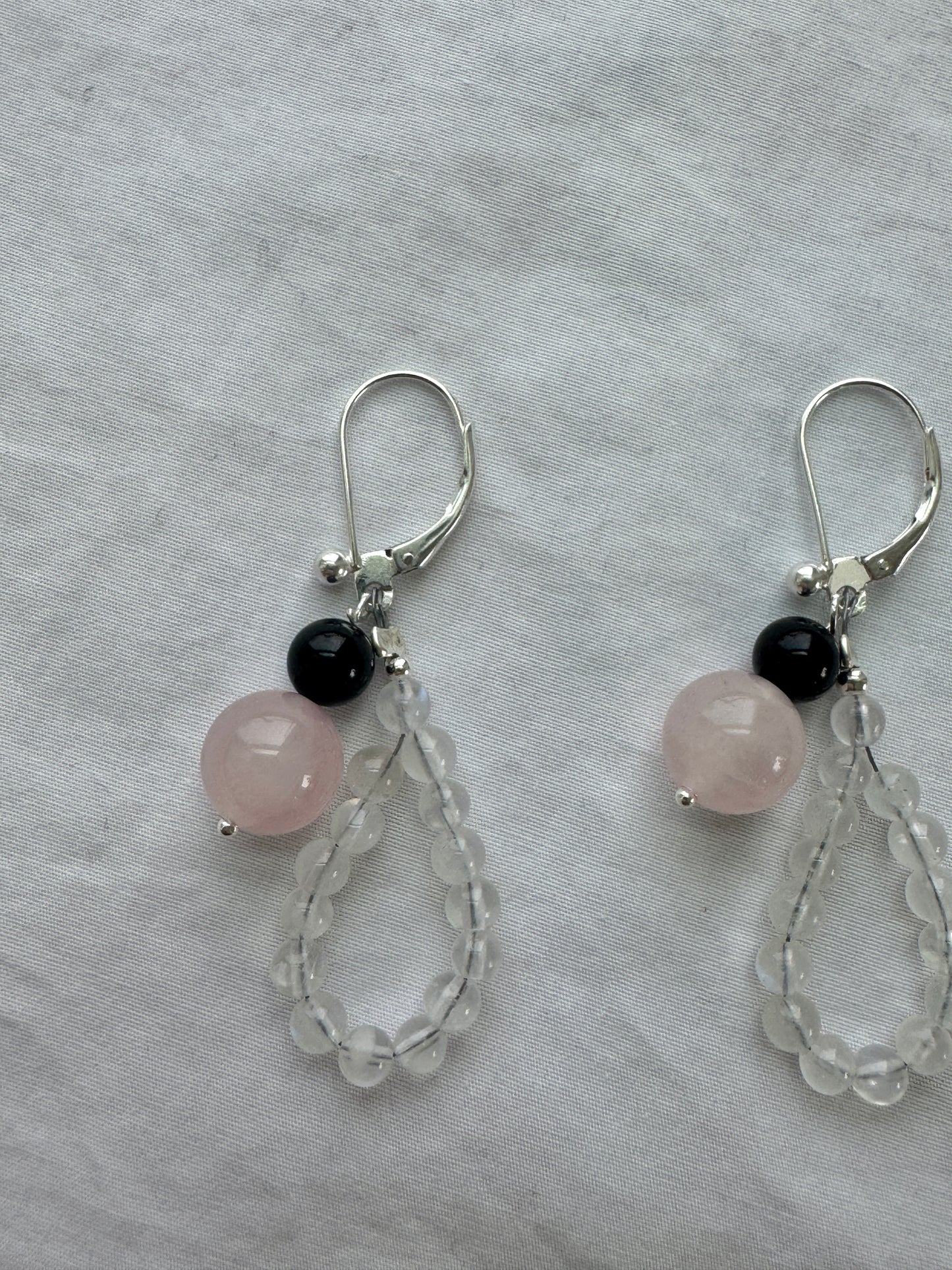 Rainbow Moonstone Loop Earrings with Rose Quartz & Spinel