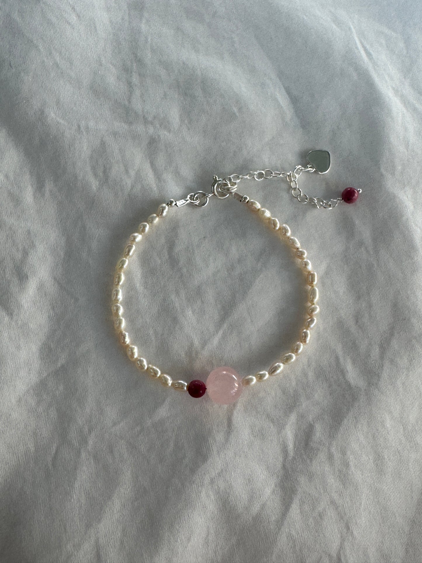 Freshwater Pearl & Rose Quartz Beaded Bracelet - Adjustable Sterling Silver