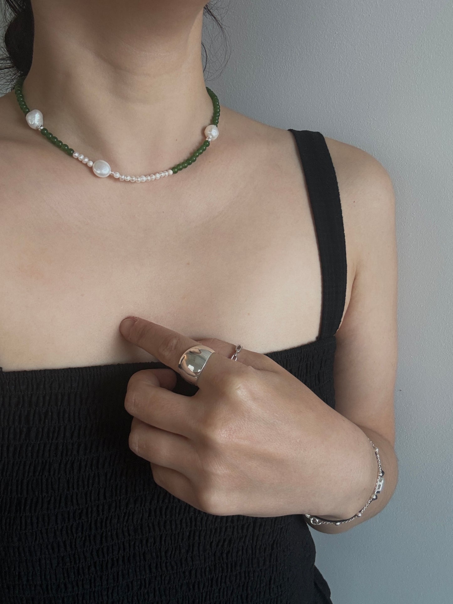 Green Jade & Freshwater Pearl Silver Necklace