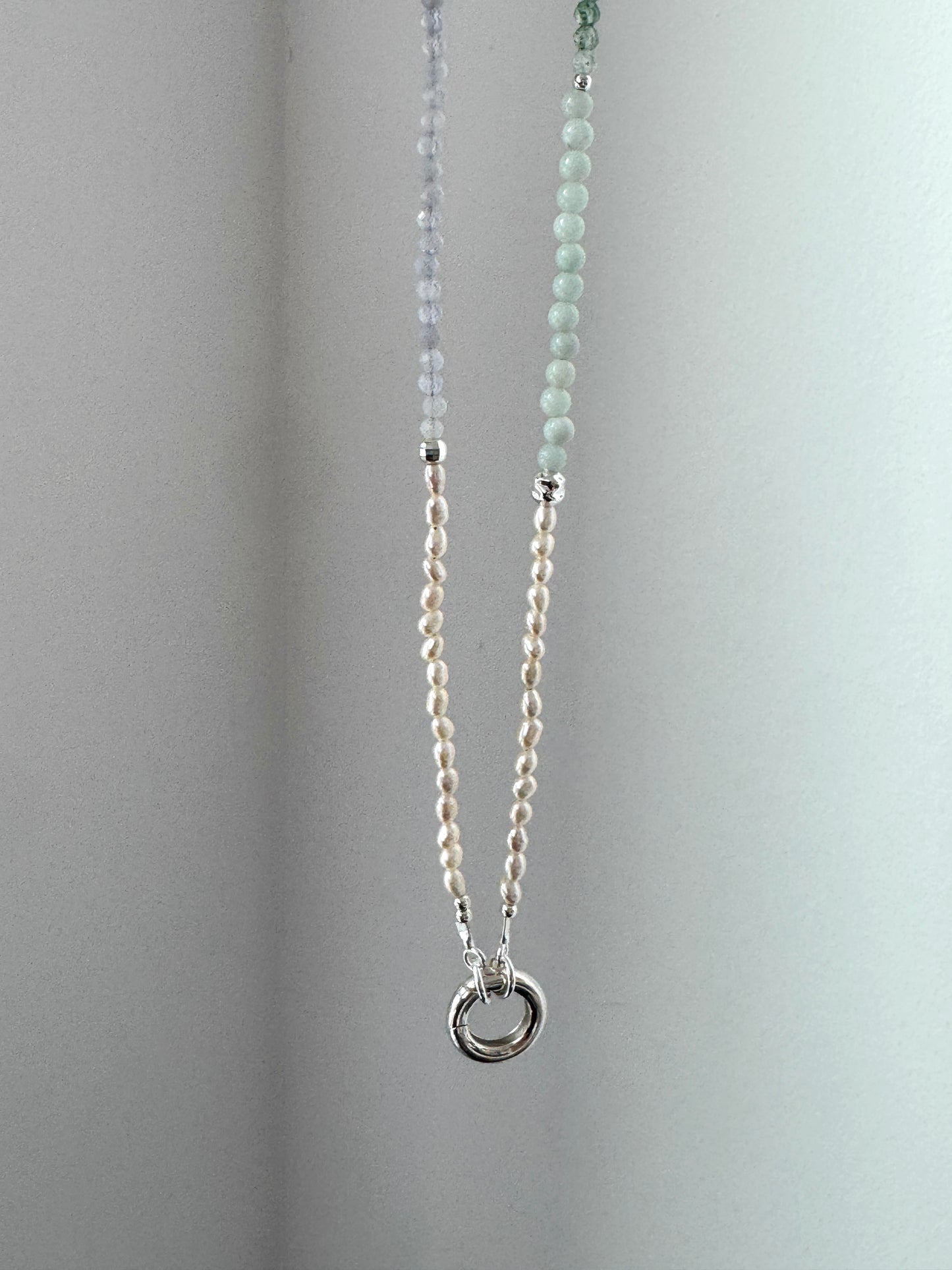Moss Agate & Pearl Necklace with Silver Push Clasp