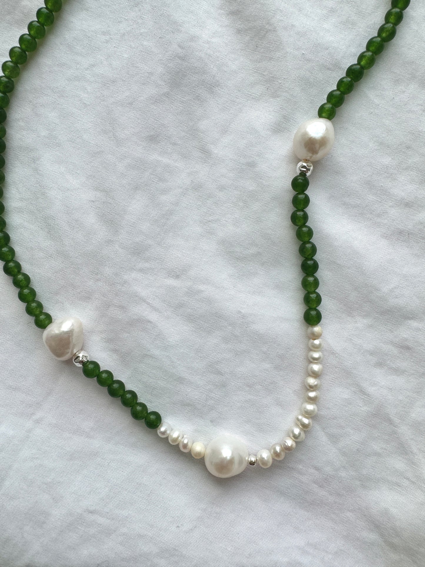 Green Jade & Freshwater Pearl Silver Necklace