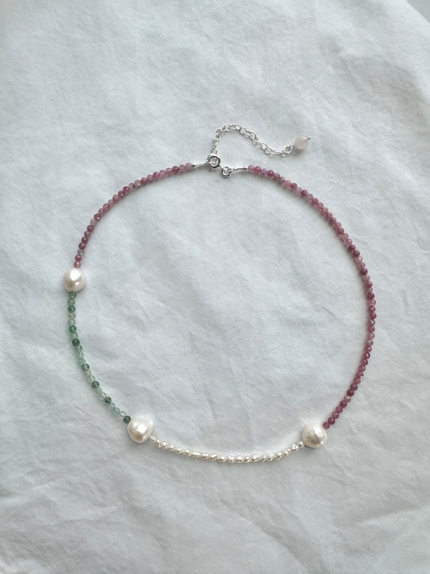 925 Sterling Silver Tourmaline & Pearl Beaded Necklace