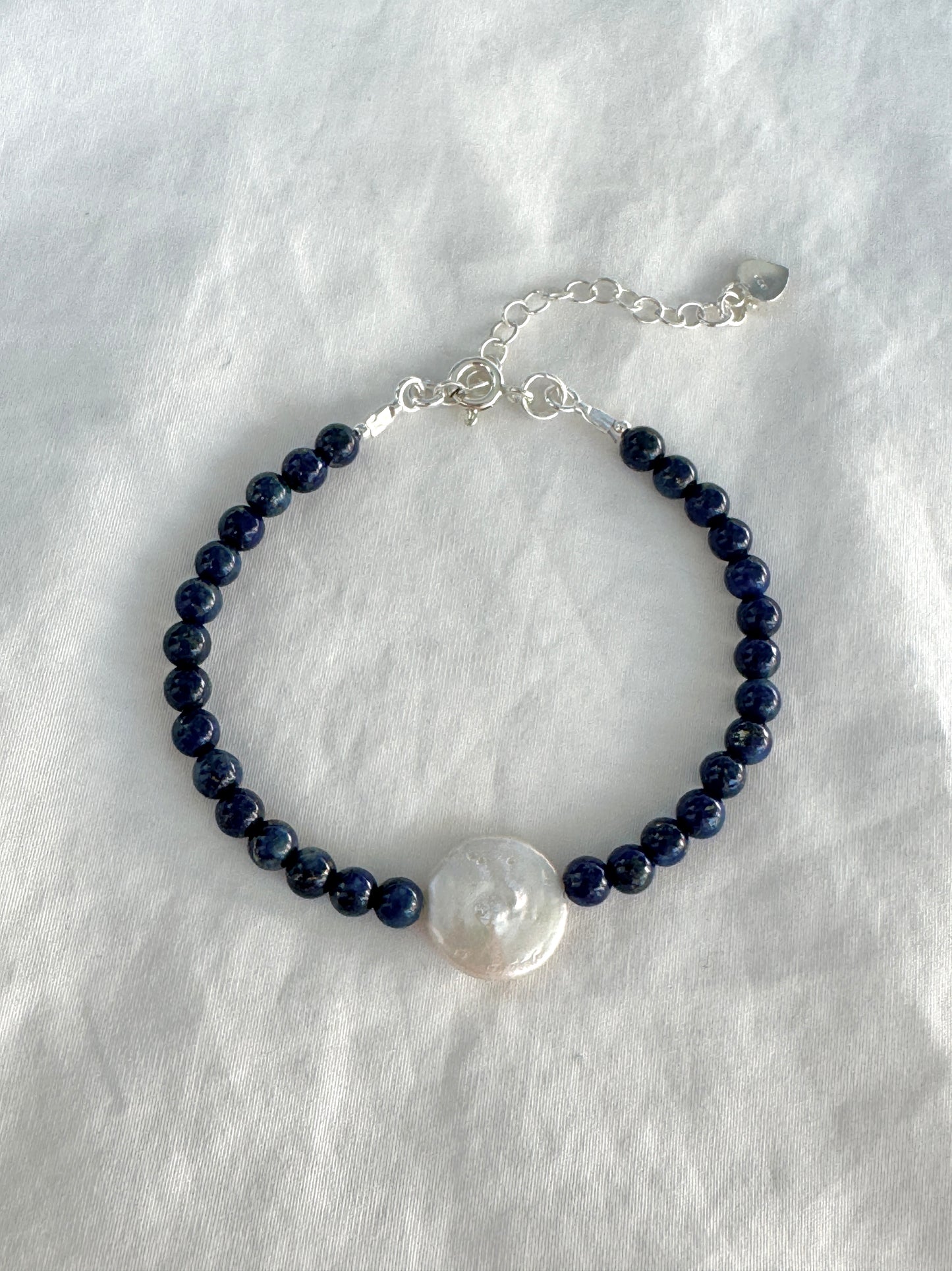 Lapis Lazuli & Coin Pearl Bracelet - Adjustable Sterling Silver