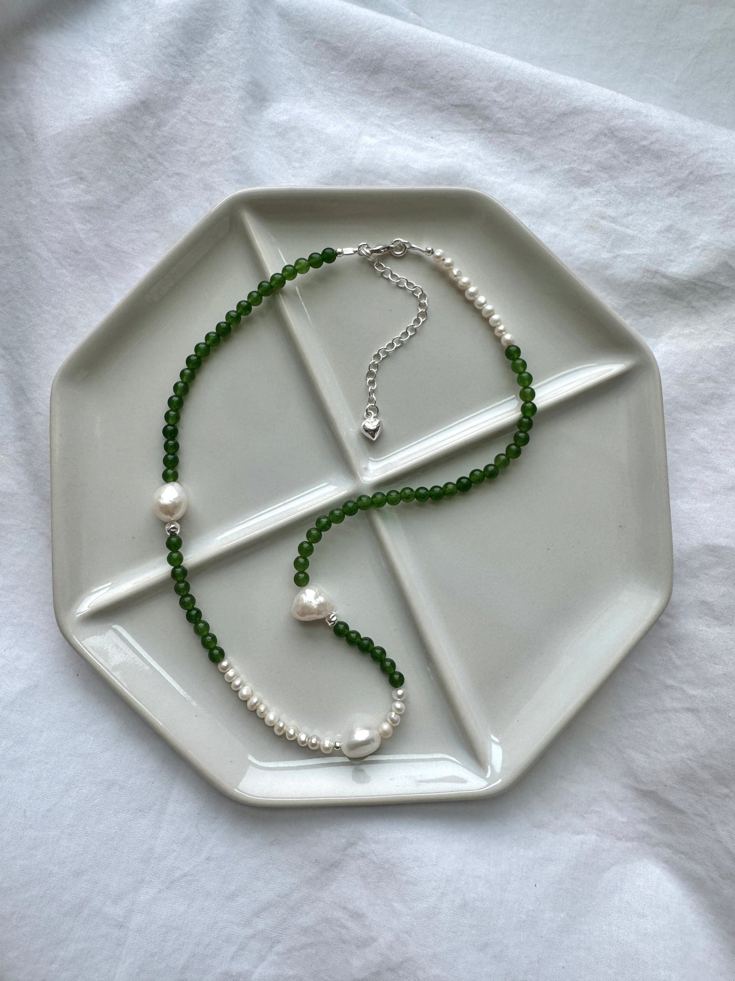 Green Jade & Freshwater Pearl Silver Necklace