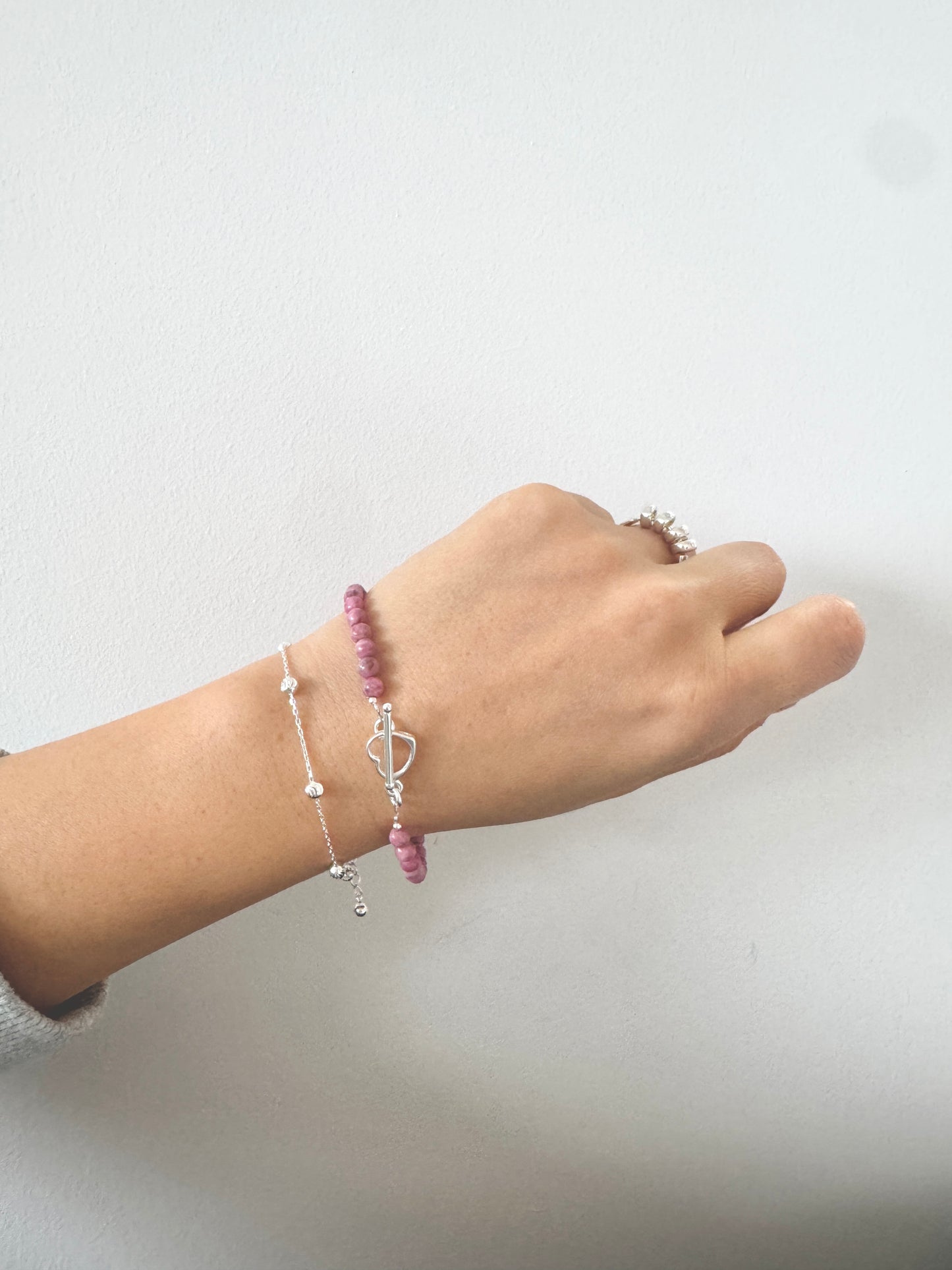 Pink Sea Bamboo & Silver Heart Bracelet