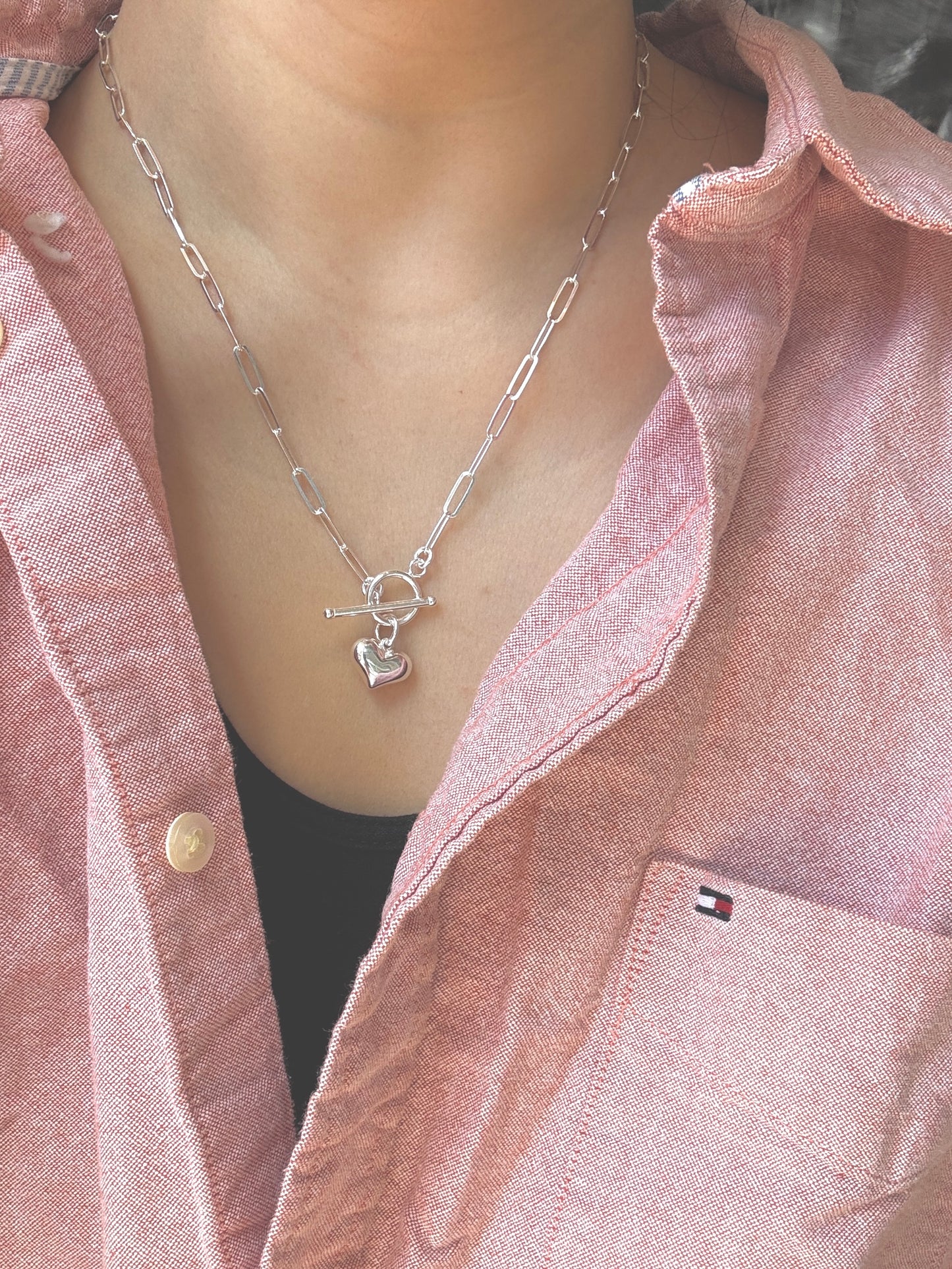 ✧ Chunky Silver Heart Necklace – Paperclip Chain with Toggle Clasp