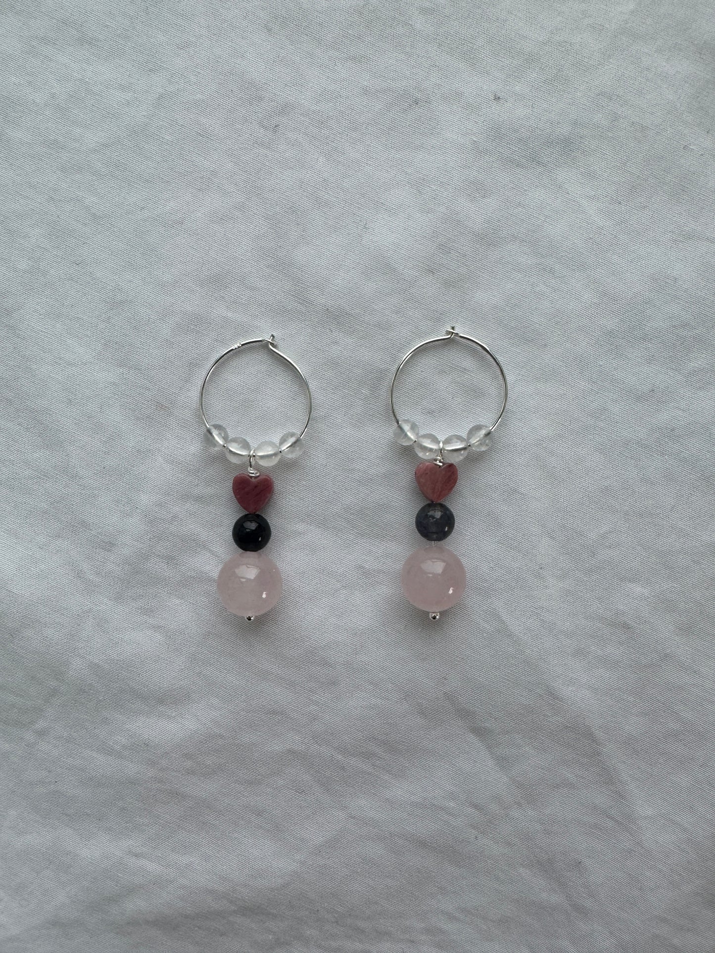 Rainbow Moonstone, Rose Quartz & Rhodonite Heart Hoop Earrings