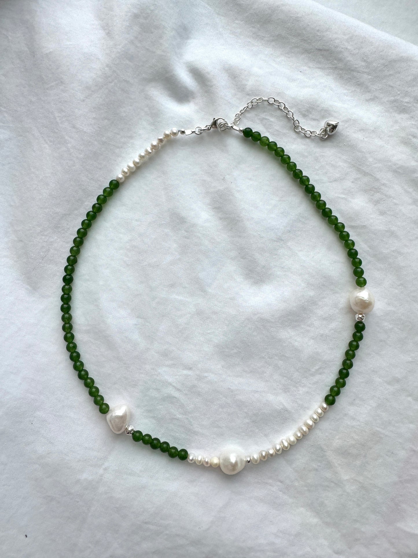 Green Jade & Freshwater Pearl Silver Necklace
