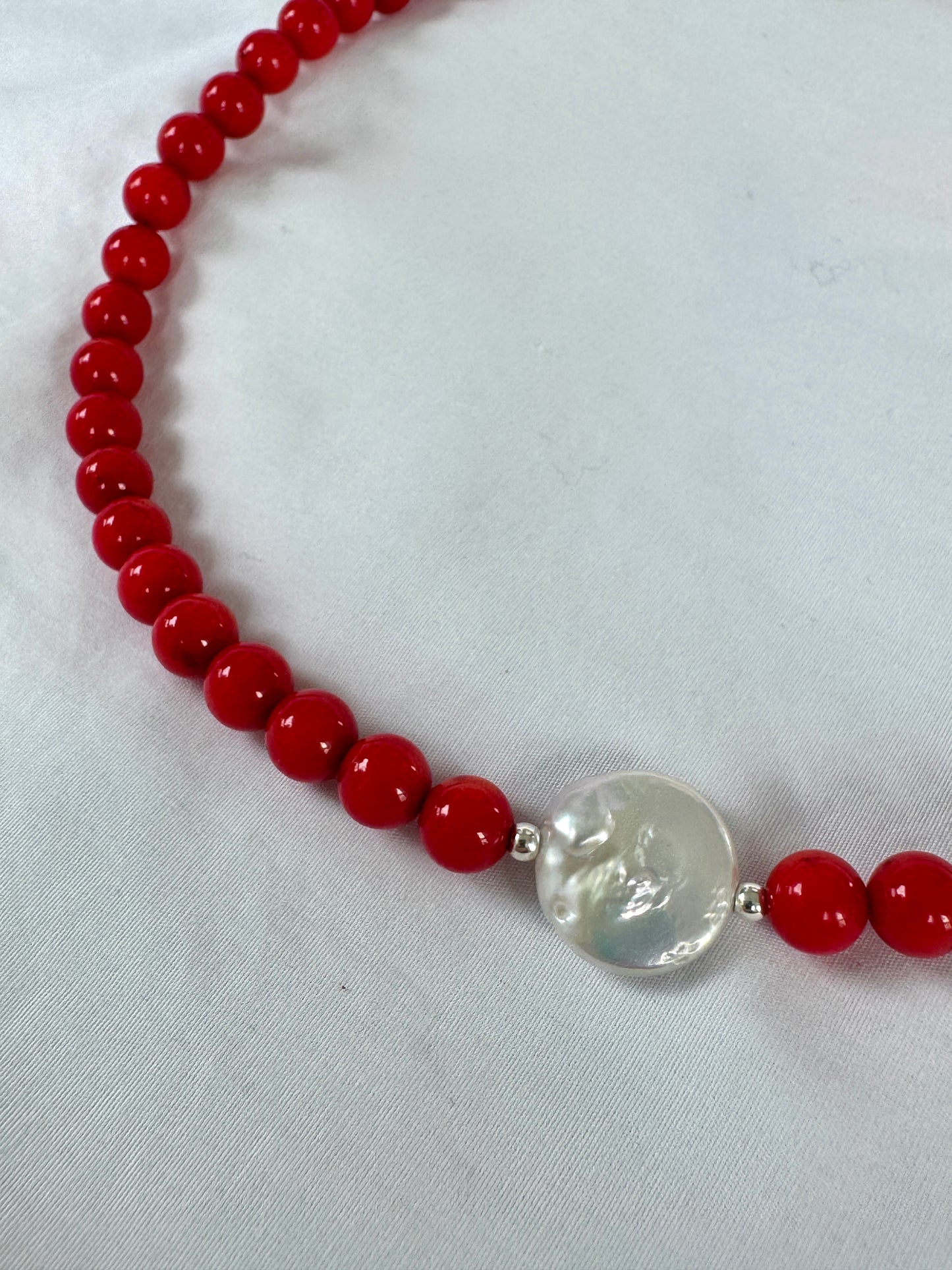 Red Coral Beaded Necklace with Flat Pearl & Clear moonstone Accent