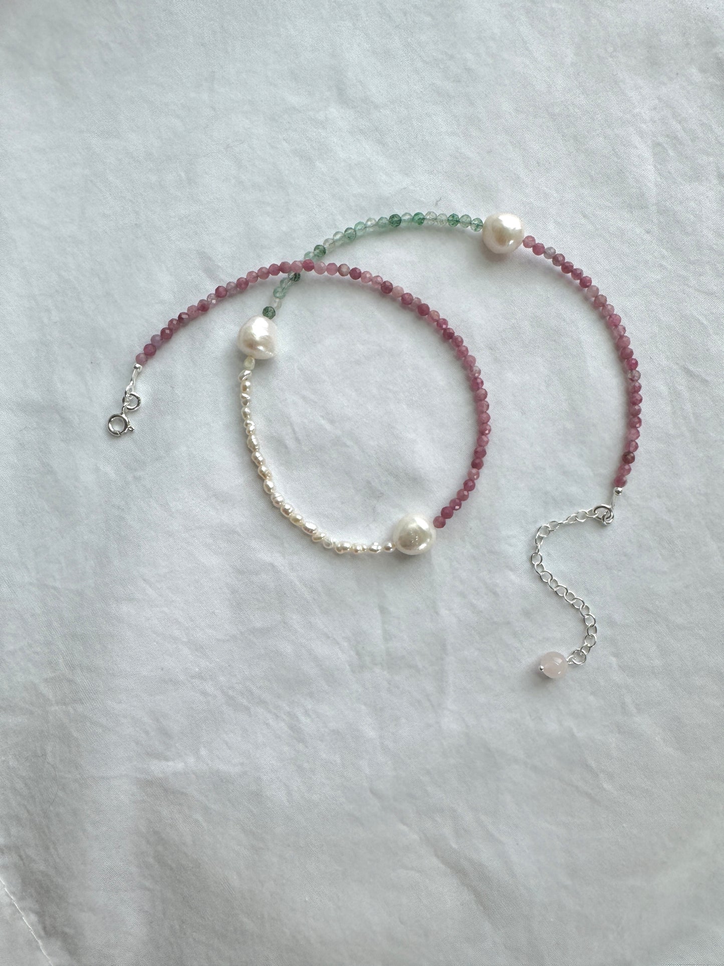 925 Sterling Silver Tourmaline & Pearl Beaded Necklace