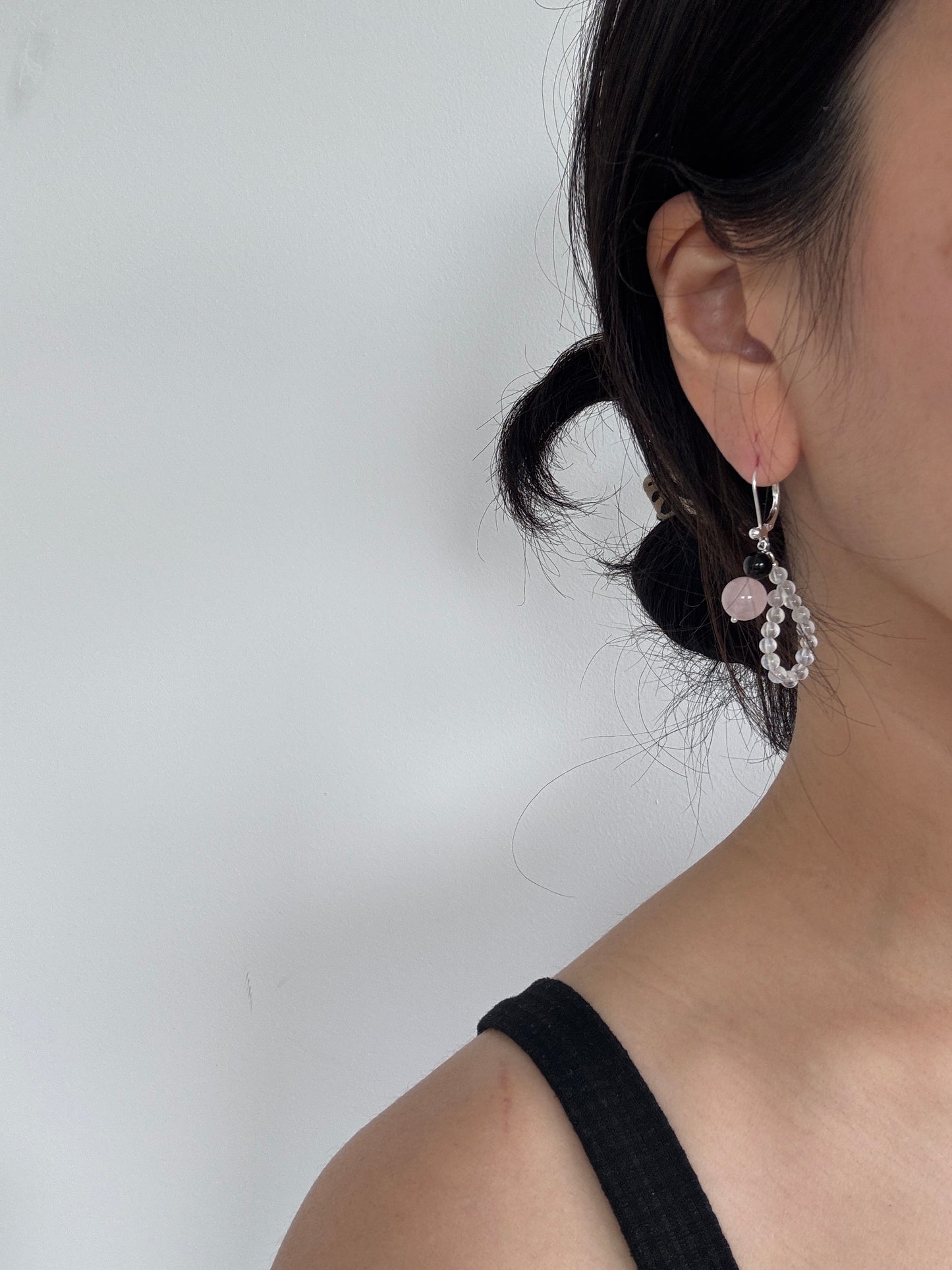 Rainbow Moonstone Loop Earrings with Rose Quartz & Spinel