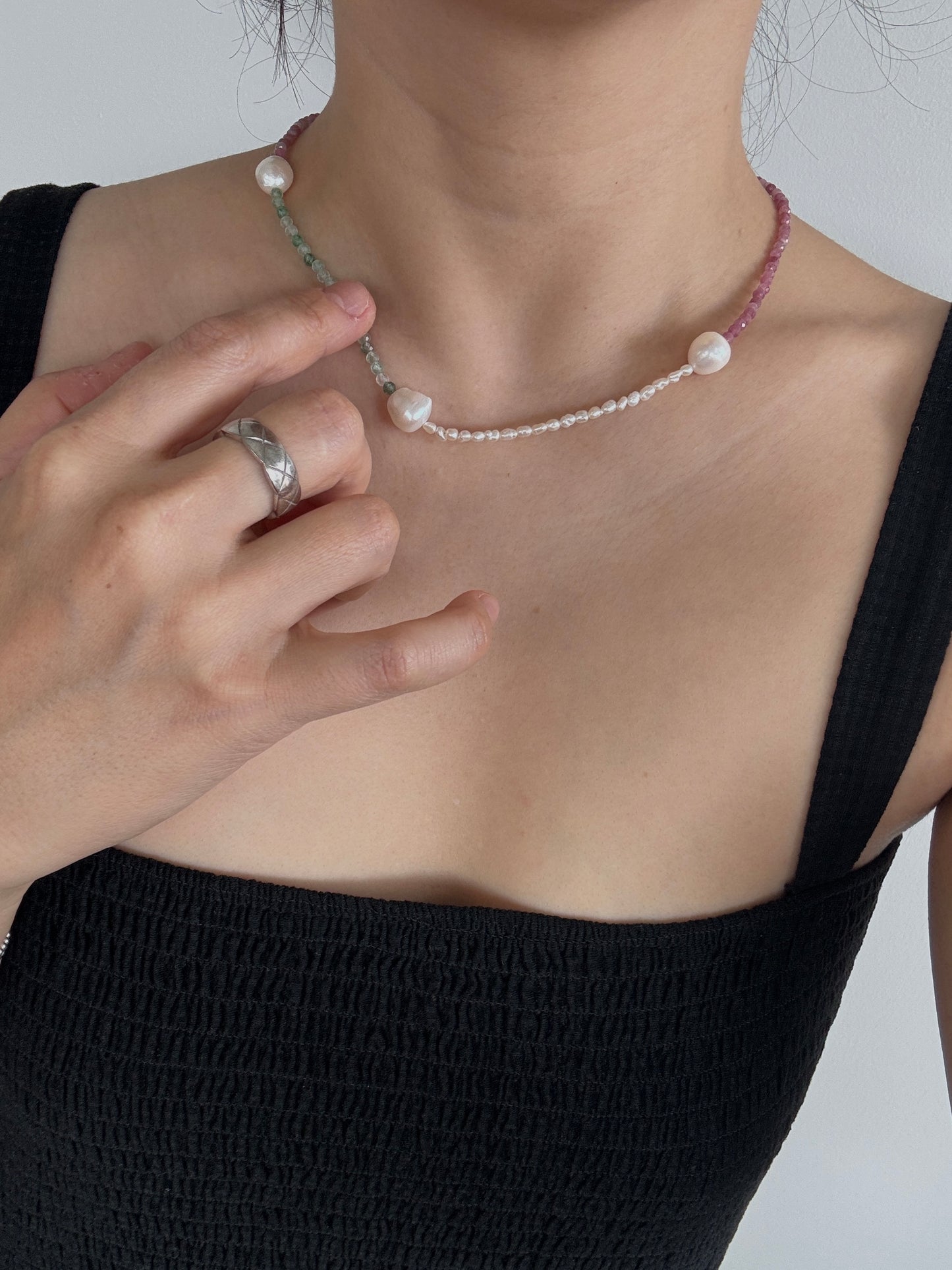 925 Sterling Silver Tourmaline & Pearl Beaded Necklace
