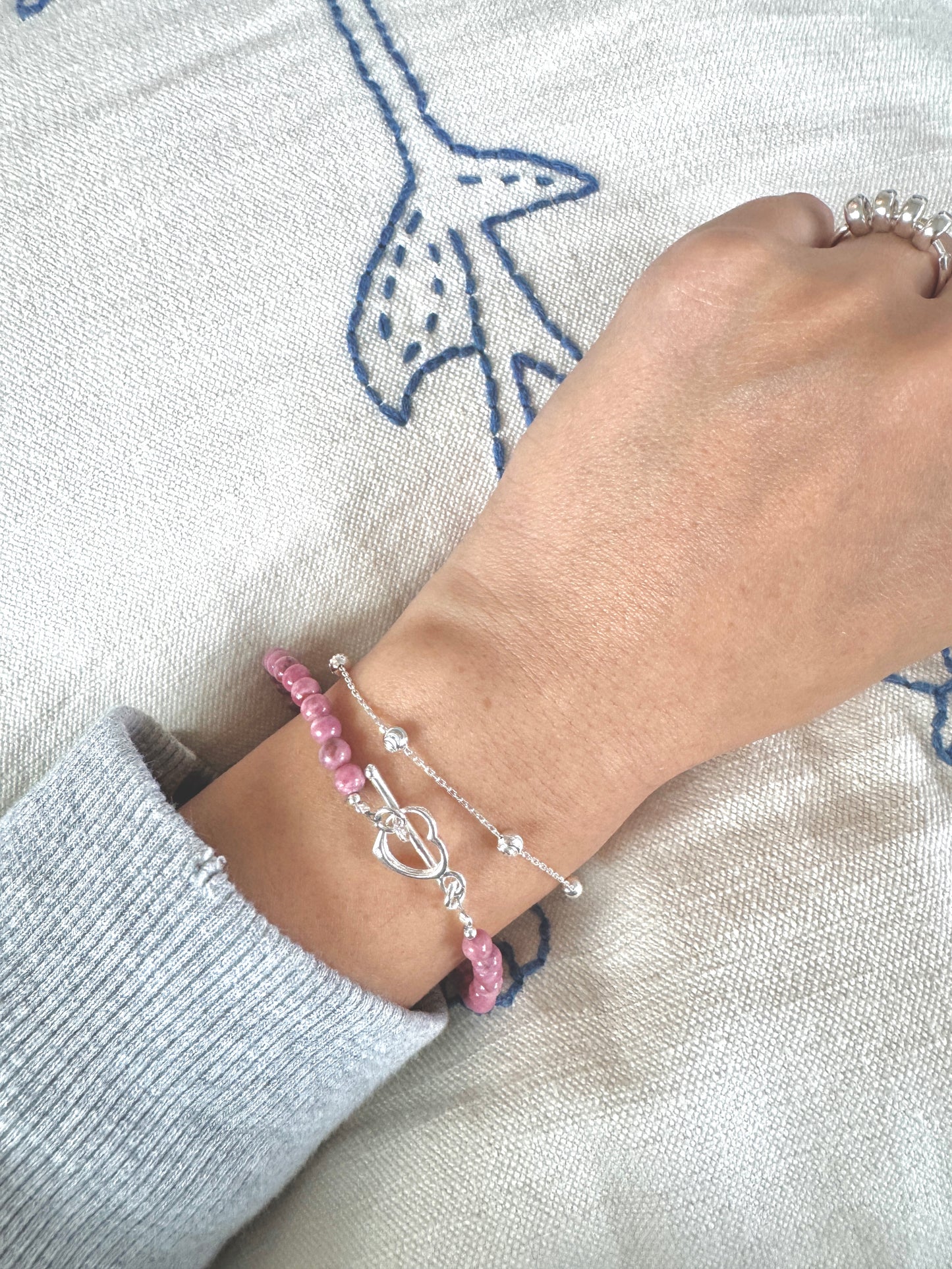 Pink Sea Bamboo & Silver Heart Bracelet