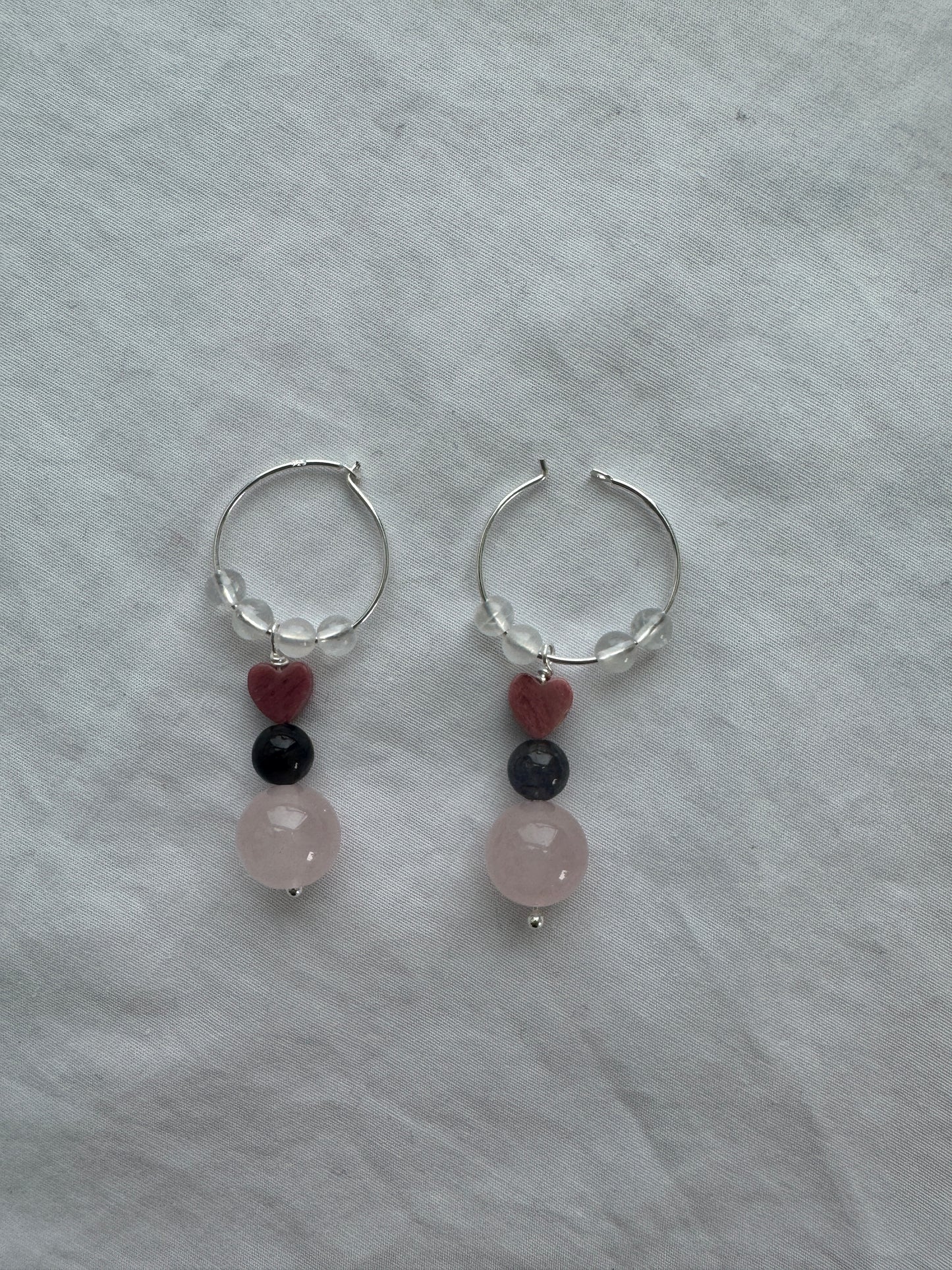Rainbow Moonstone, Rose Quartz & Rhodonite Heart Hoop Earrings