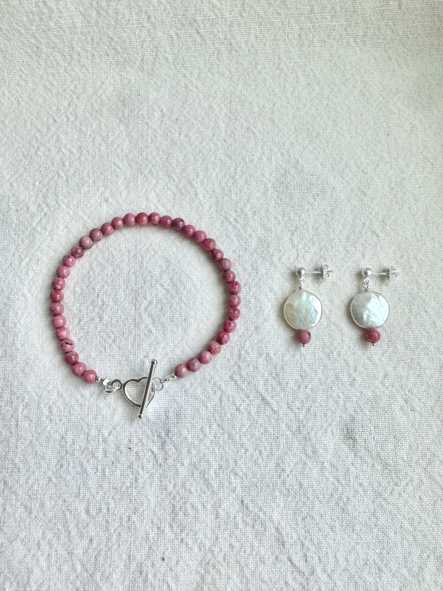 Pink Sea Bamboo & Silver Heart Bracelet