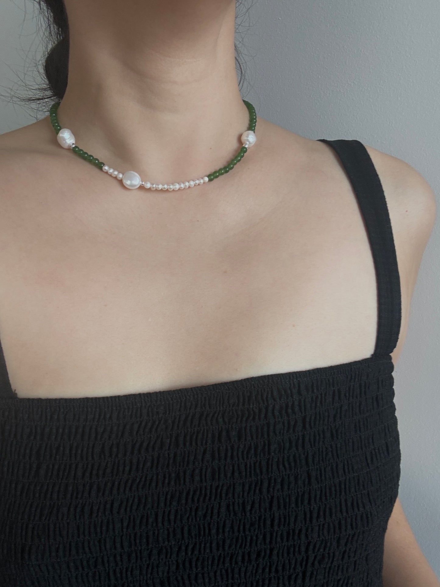 Green Jade & Freshwater Pearl Silver Necklace
