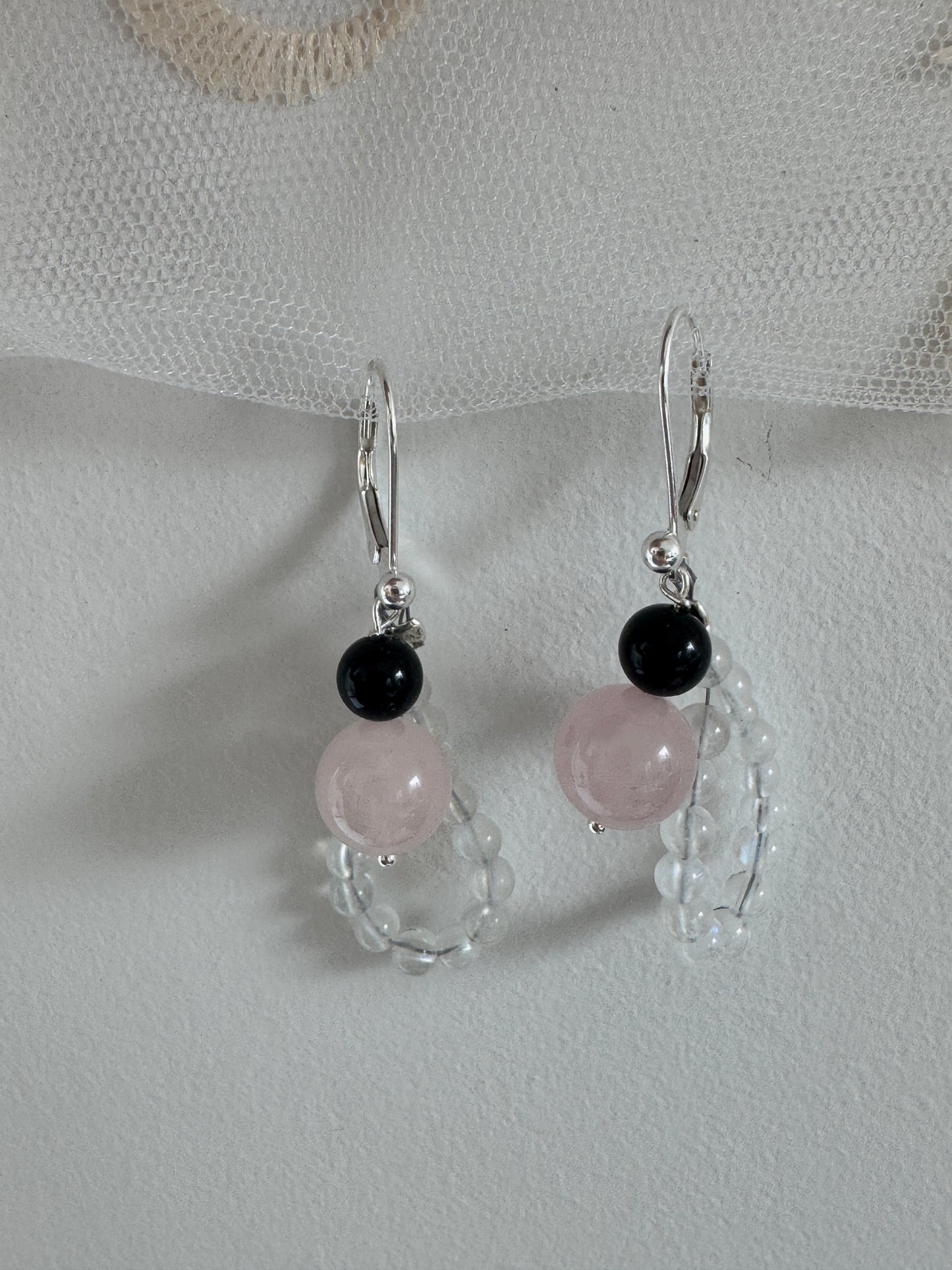 Rainbow Moonstone Loop Earrings with Rose Quartz & Spinel