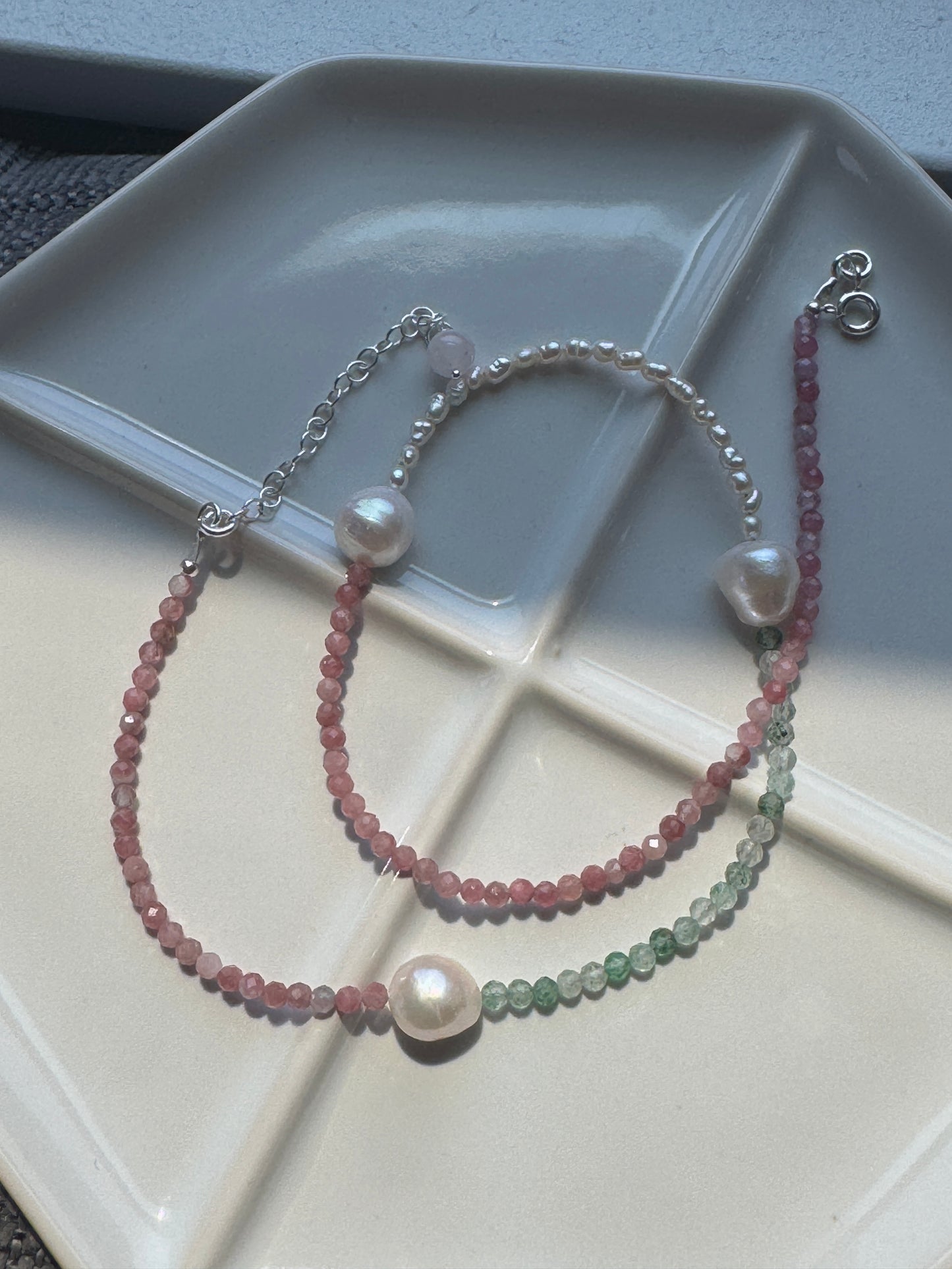 925 Sterling Silver Tourmaline & Pearl Beaded Necklace