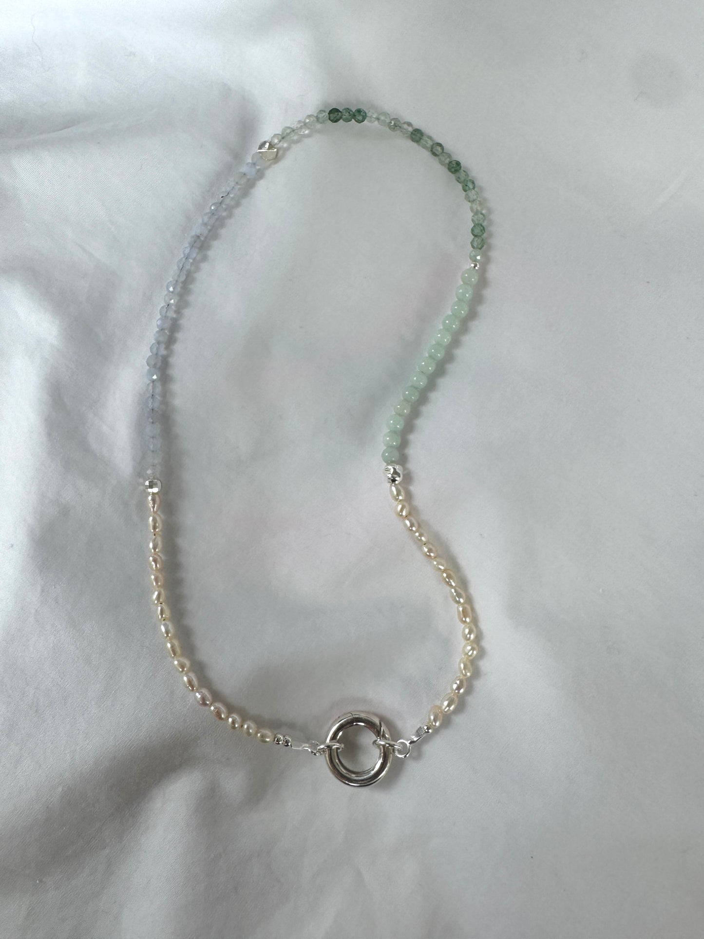 Moss Agate & Pearl Necklace with Silver Push Clasp