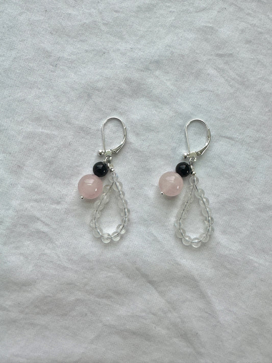 Rainbow Moonstone Loop Earrings with Rose Quartz & Spinel