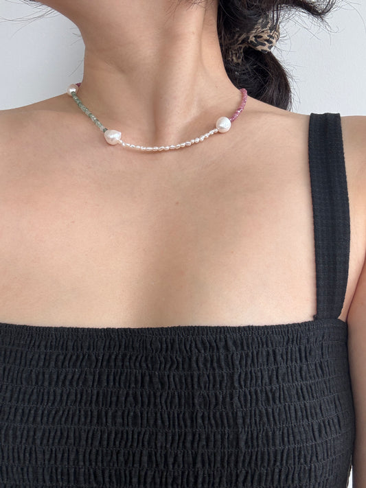 925 Sterling Silver Tourmaline & Pearl Beaded Necklace