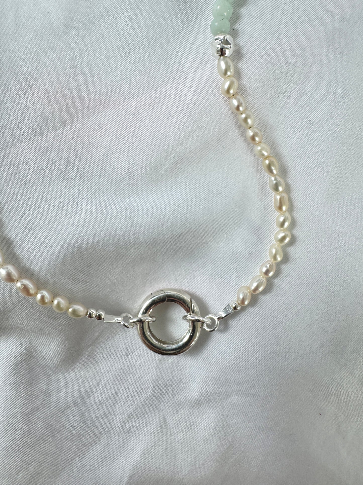 Moss Agate & Pearl Necklace with Silver Push Clasp