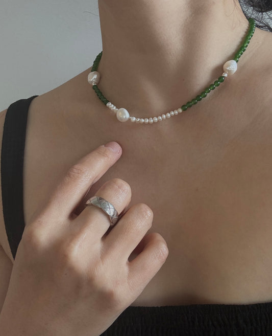 Green Jade & Freshwater Pearl Silver Necklace