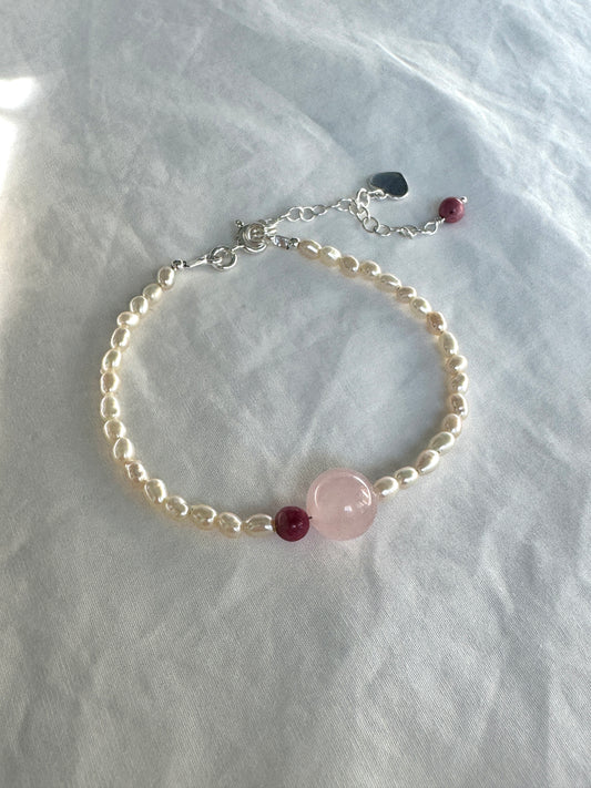 Freshwater Pearl & Rose Quartz Beaded Bracelet - Adjustable Sterling Silver