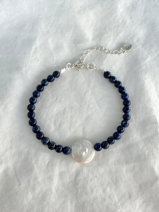 Lapis Lazuli & Coin Pearl Bracelet - Adjustable Sterling Silver