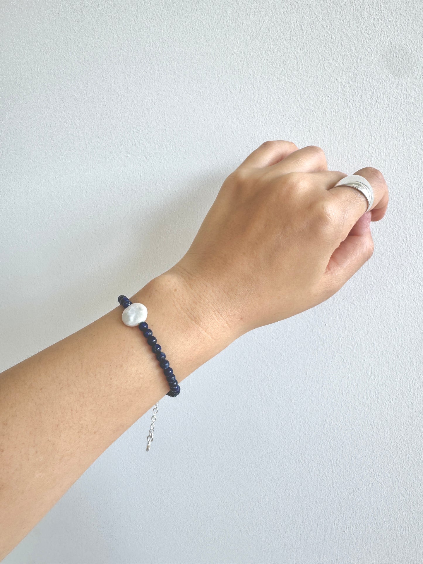 Lapis Lazuli & Coin Pearl Bracelet - Adjustable Sterling Silver