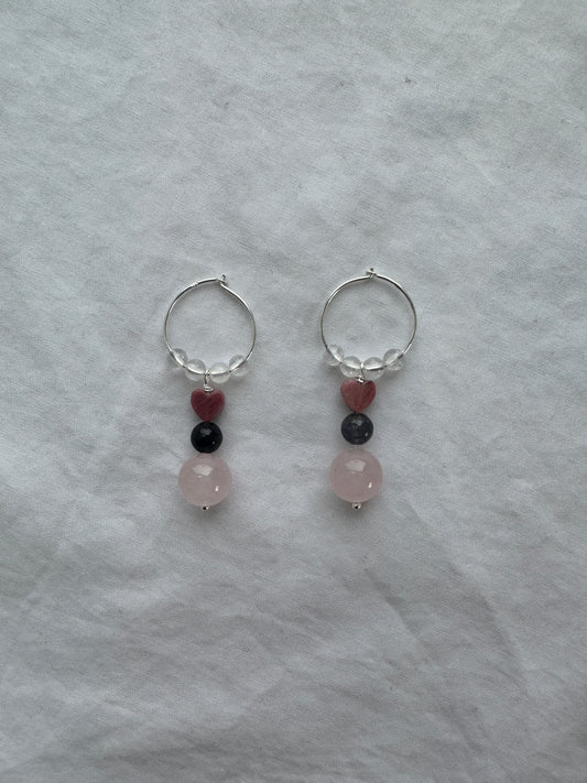 Rainbow Moonstone, Rose Quartz & Rhodonite Heart Hoop Earrings