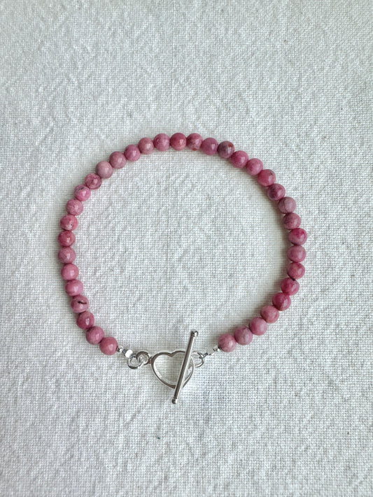 Pink Sea Bamboo & Silver Heart Bracelet