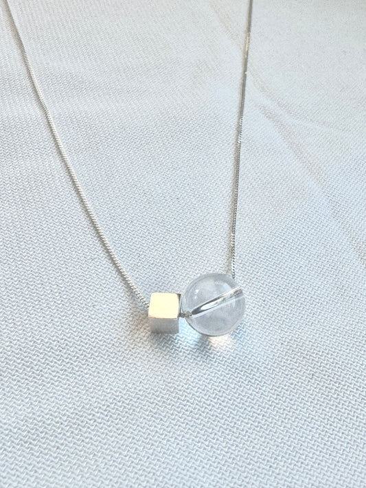 Clear Rose Quartz & Silver Cube Necklace – Handcrafted by Jenlet