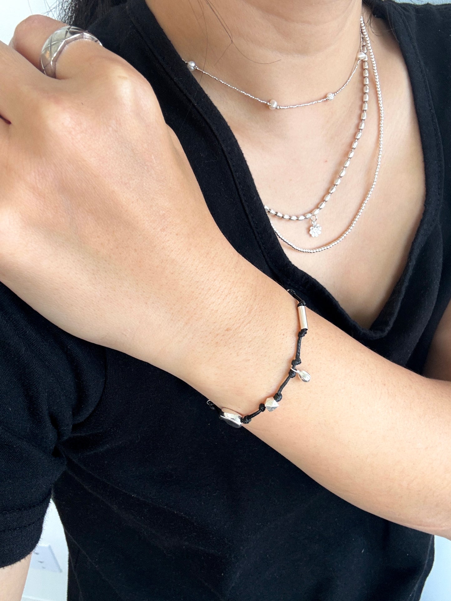 Silver Bead Bracelet on Waterproof Wax Cord – Minimal & Durable