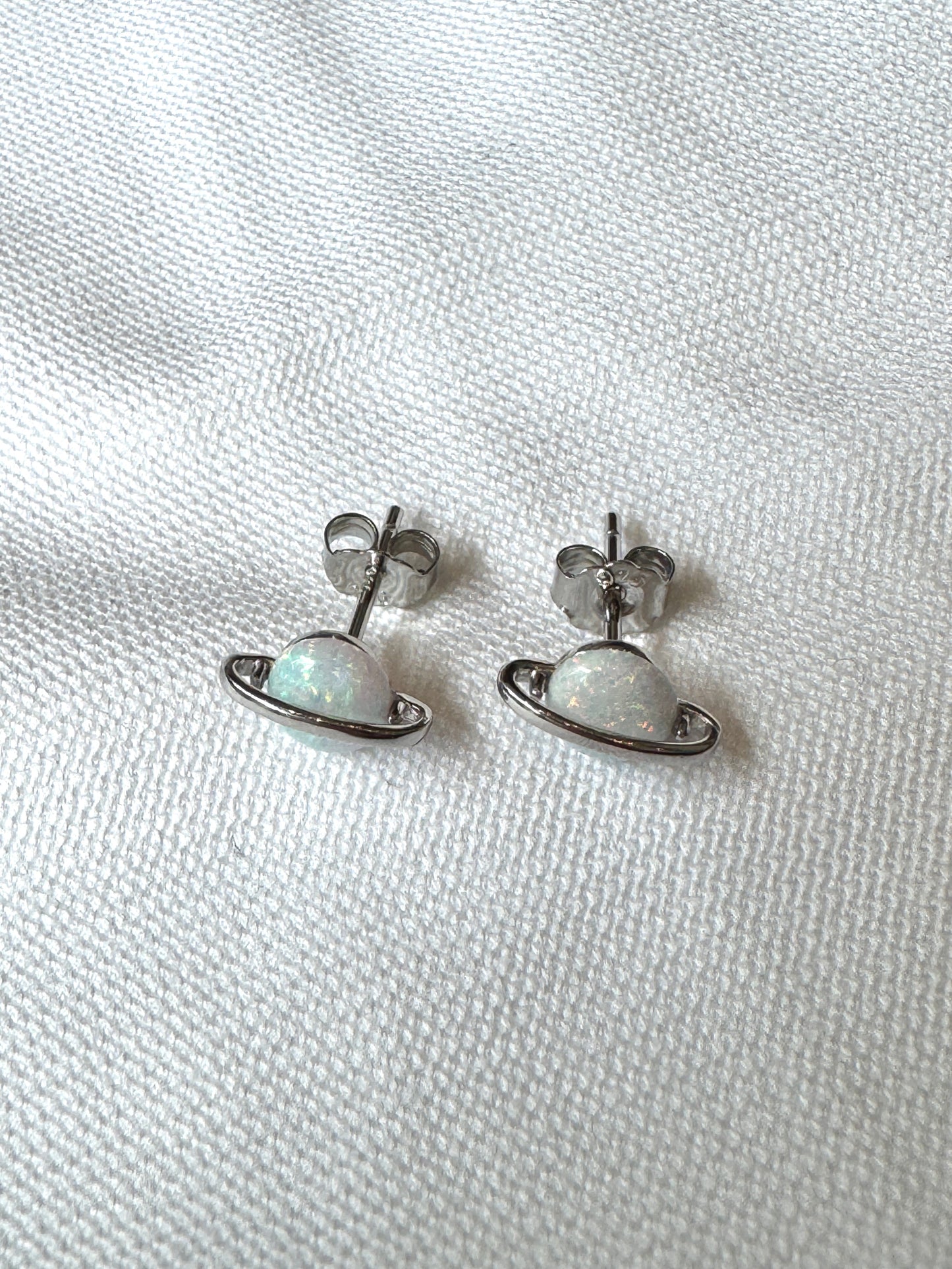 Opal Planet Stud Earrings | Cute Saturn Style Silver Studs